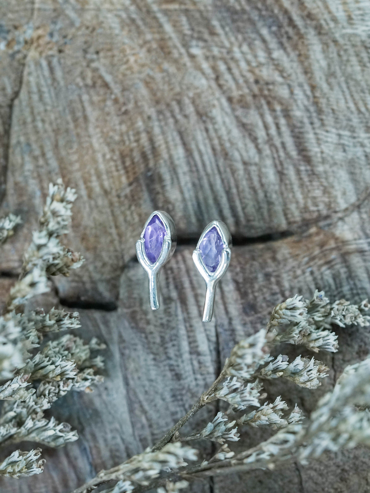 Wishing Bone Amethyst Stud Earrings in Sterling Silver