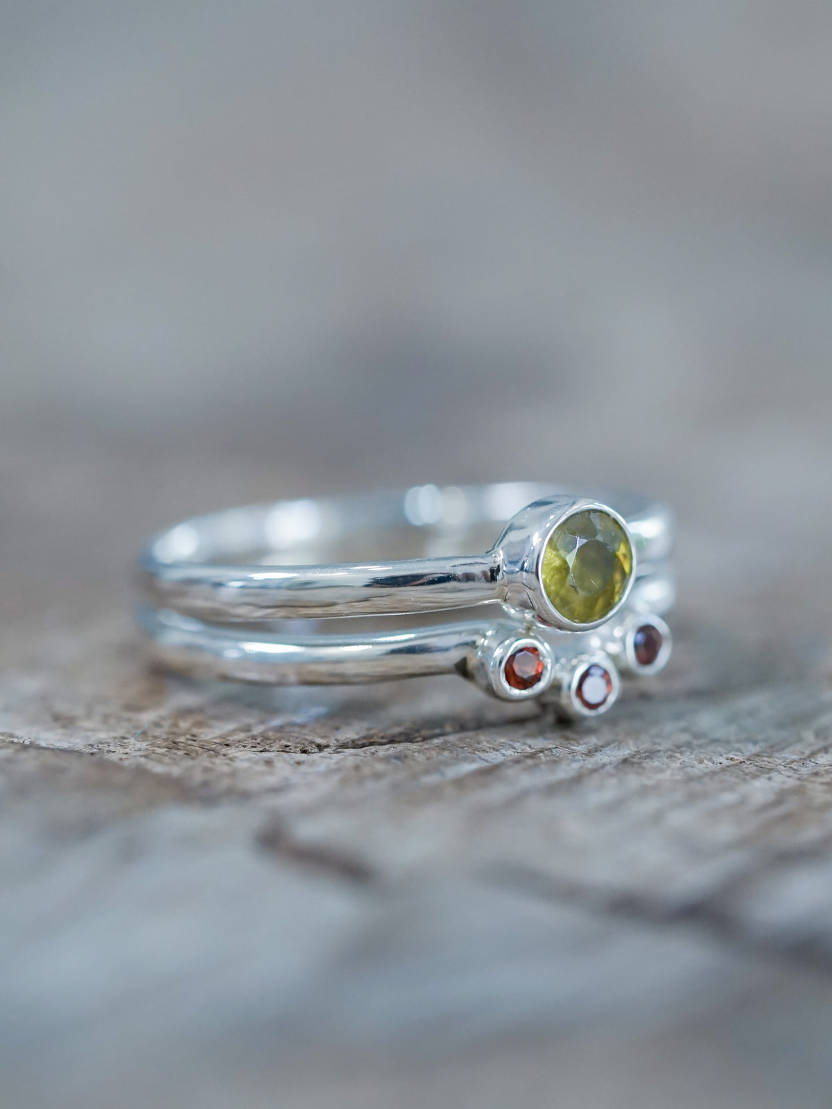 Yellow Sphene and Garnet Ring Set in recycled sterling silver