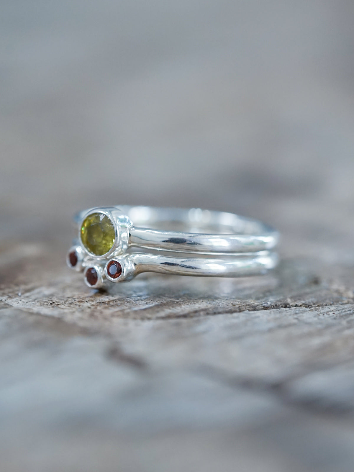 Yellow Sphene and Garnet Ring Set in sterling silver