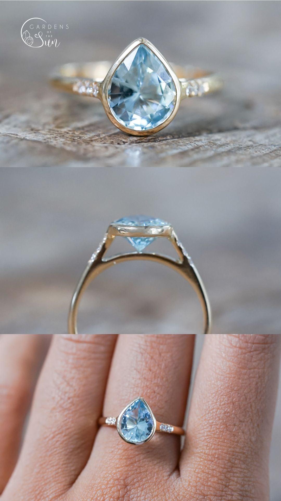 AQUAMARINE RING | Aquamarine Engagement Ring, Vintage good Ring, Aquamarine Gem, Pear Three Stone Ring, Unique Ring, Elongated Emerald cut ring.