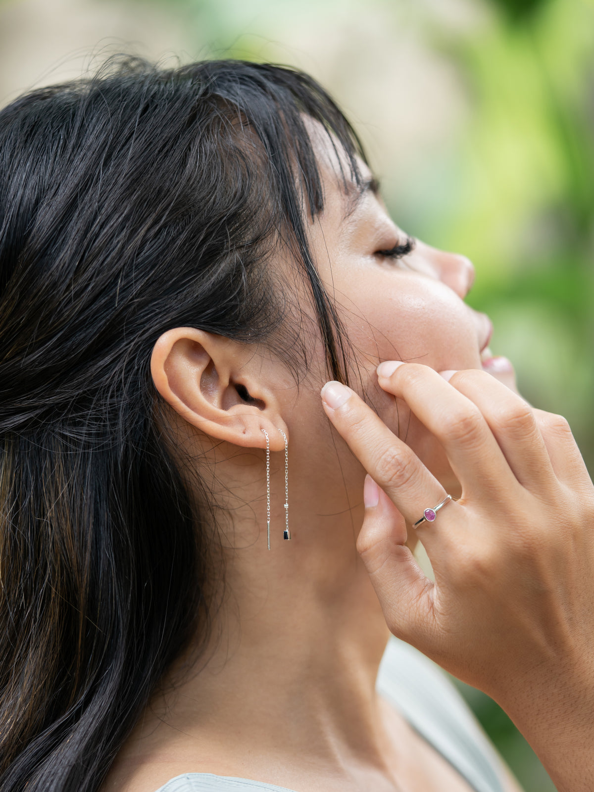 Pink and Blue Sapphire Ear Threaders - Gardens of the Sun | Ethical Jewelry