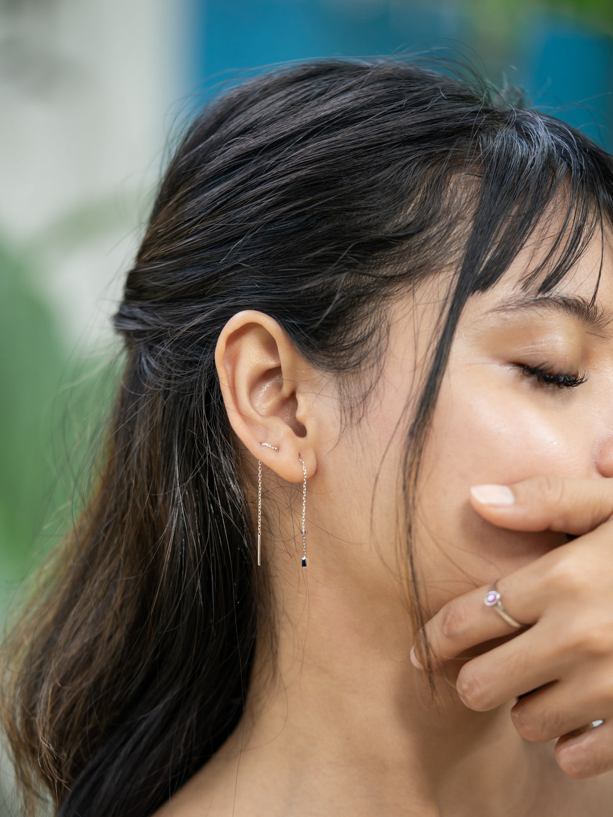 Pink and Blue Sapphire Ear Threaders - Gardens of the Sun | Ethical Jewelry