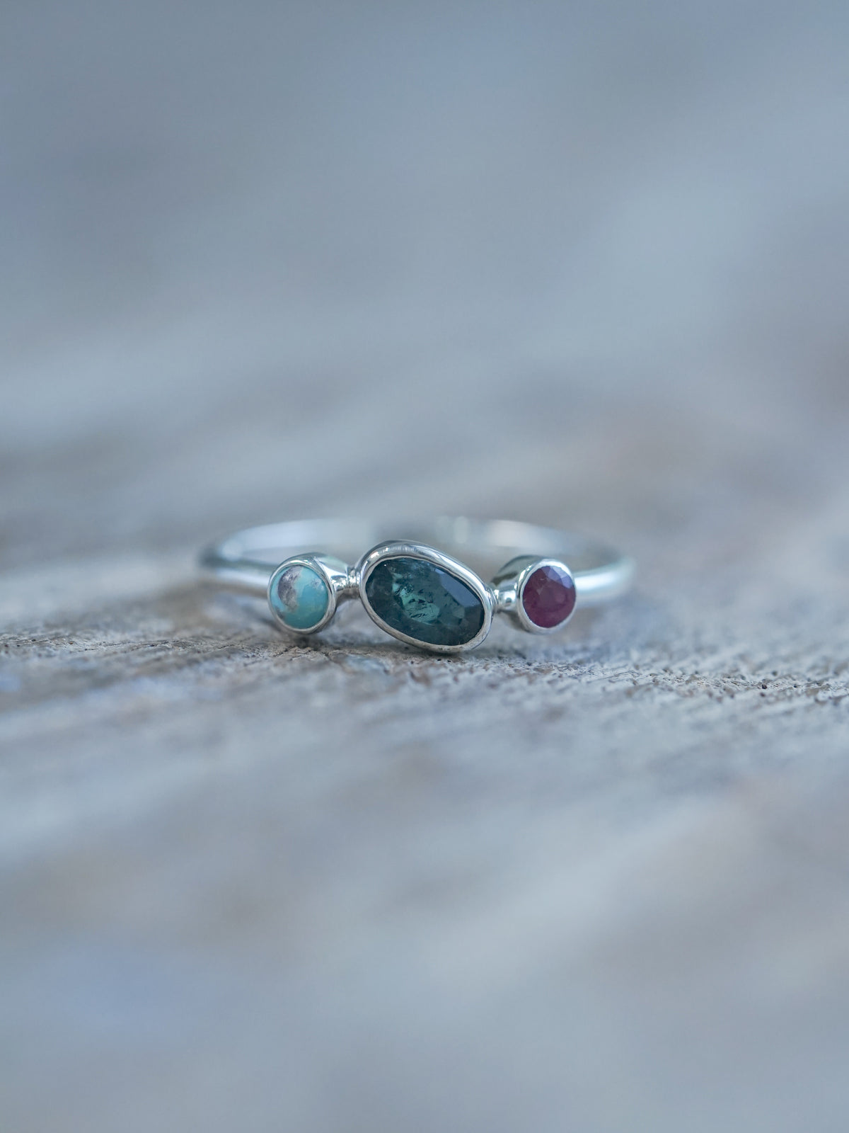 ready to ship Turquoise, Tourmaline and Ruby Ring in recycled sterling silver