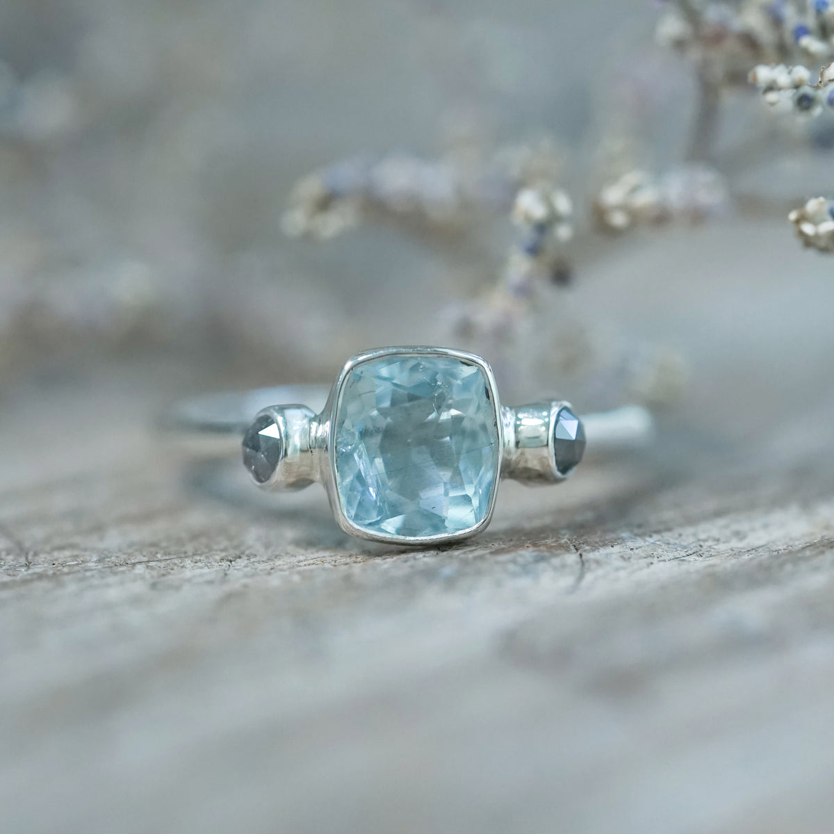 Aquamarine and Salt and Pepper Diamond Ring