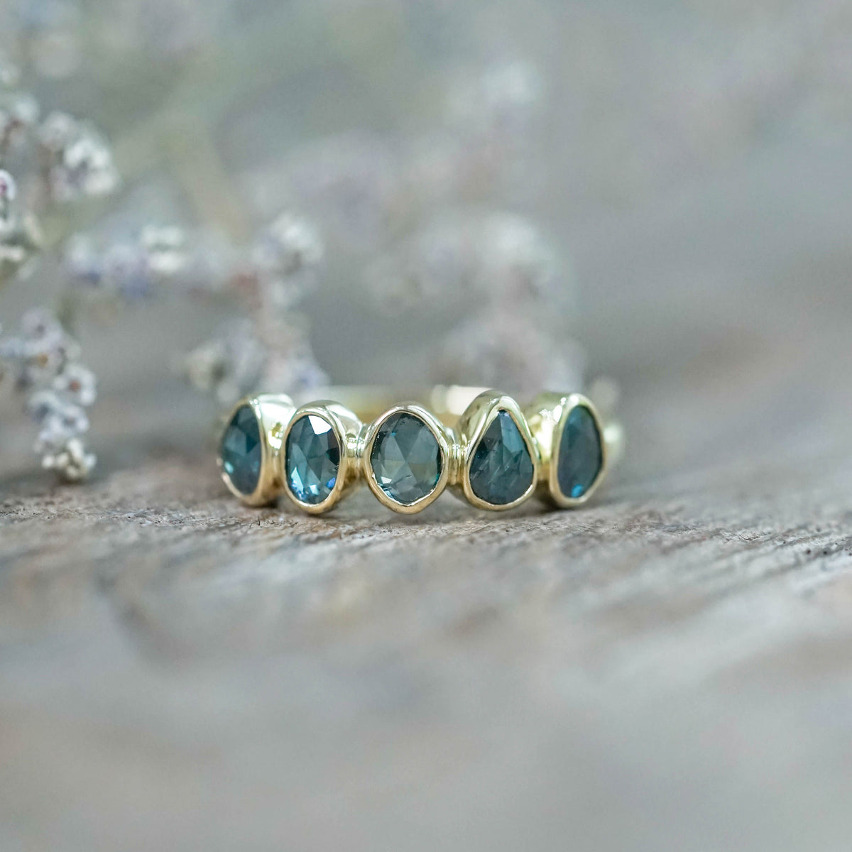 Rose Cut Blue Diamond Ring in Yellow Gold