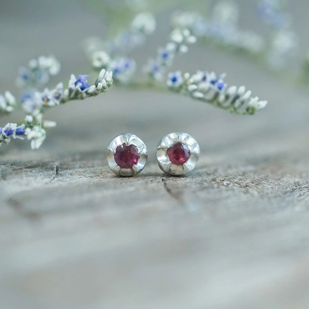 Garnet Flower Stud Earrings in Silver