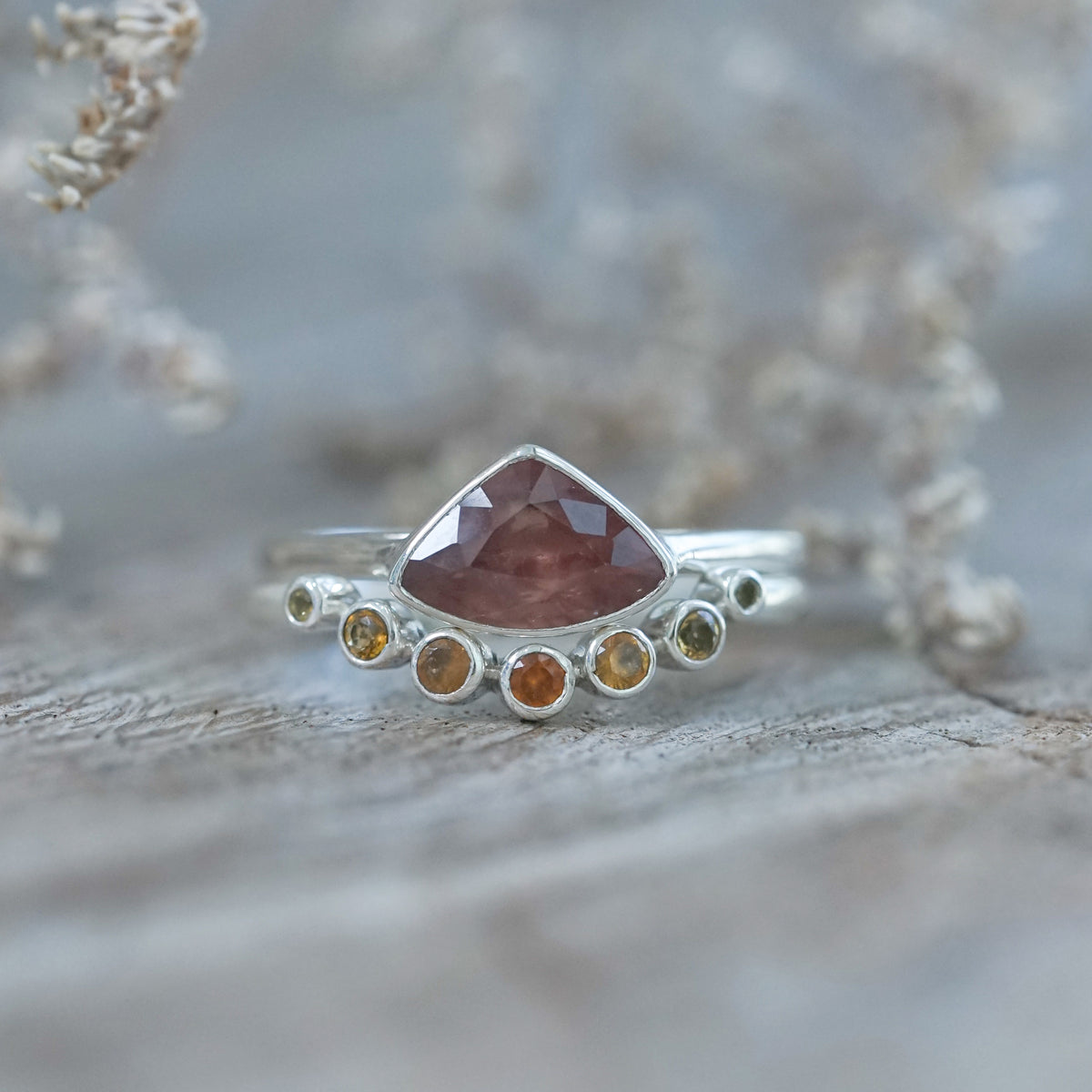 Hessonite Garnet, Citrine and Sapphire Ring Set - Gardens of the Sun | Ethical Jewelry