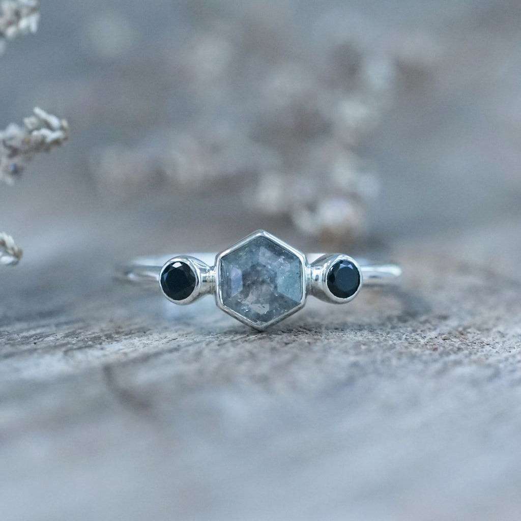 Hexagon Gray Diamond and Spinel Ring