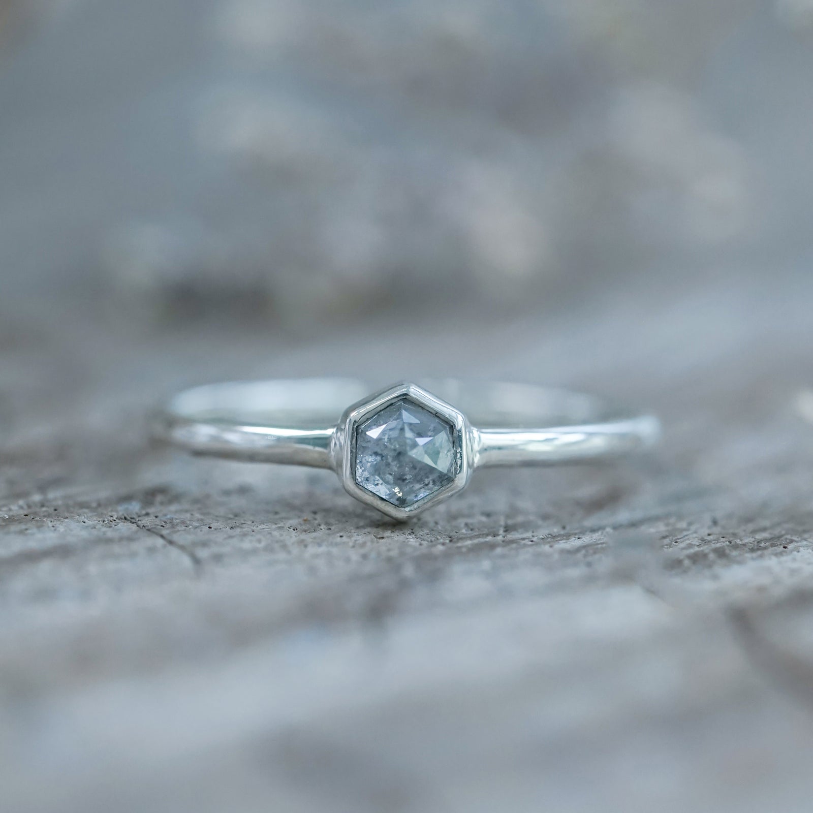 Small Hexagon Salt and Pepper Diamond Ring - Gardens of the Sun | Ethical Jewelry