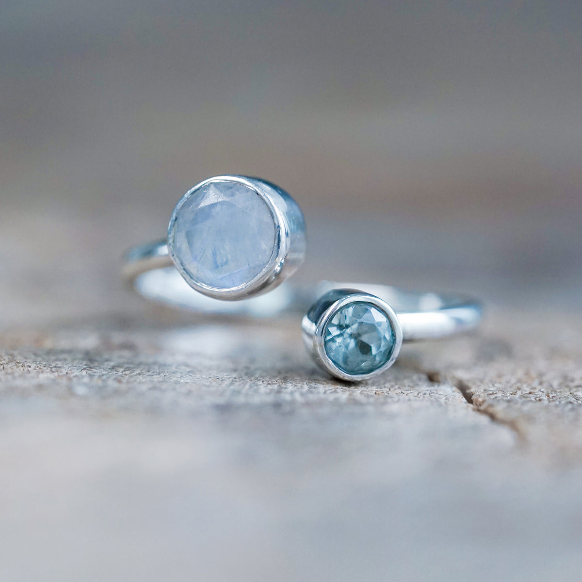 Moon and Back Moonstone and Aquamarine Ring
