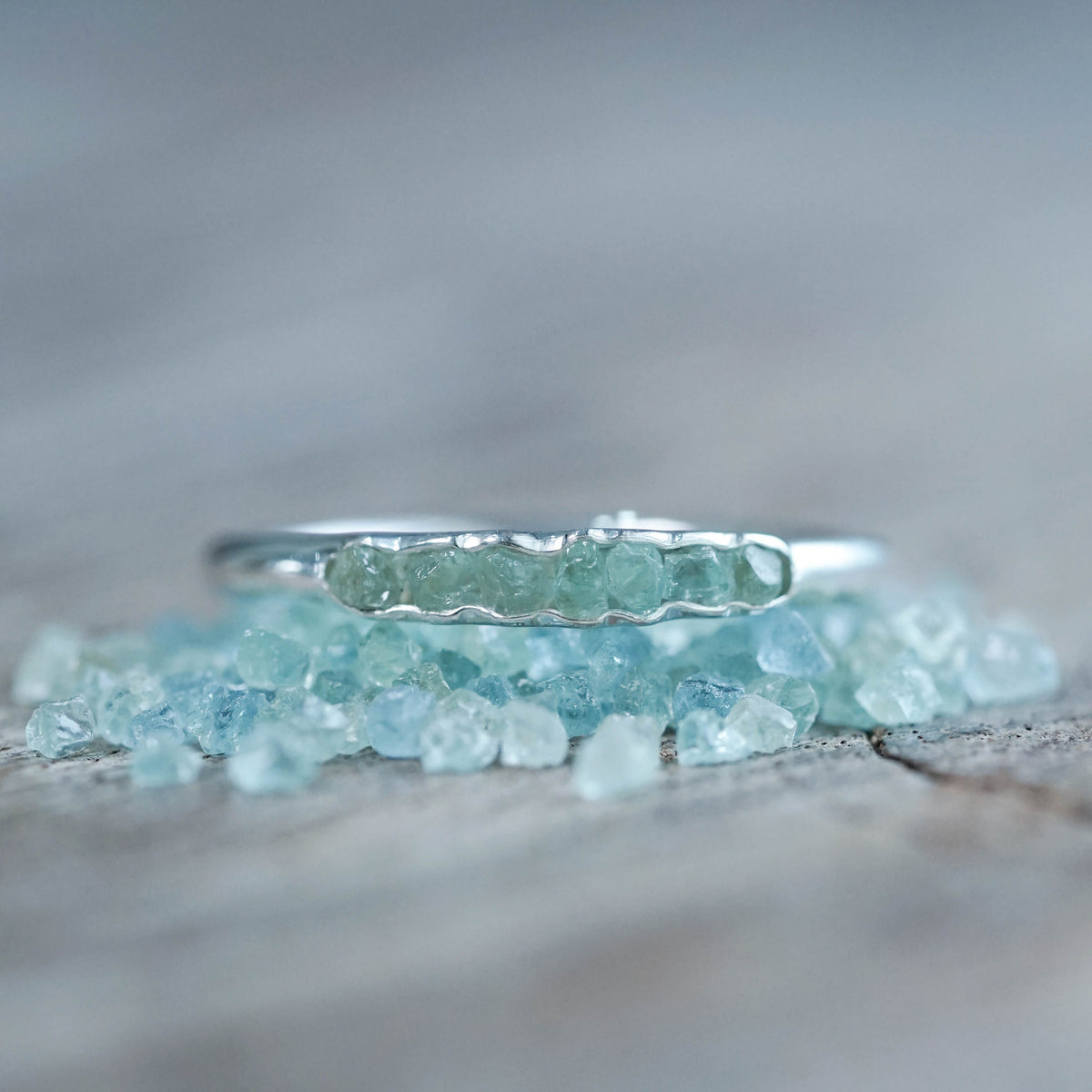 Raw Green Beryl Ring with Hidden Gems