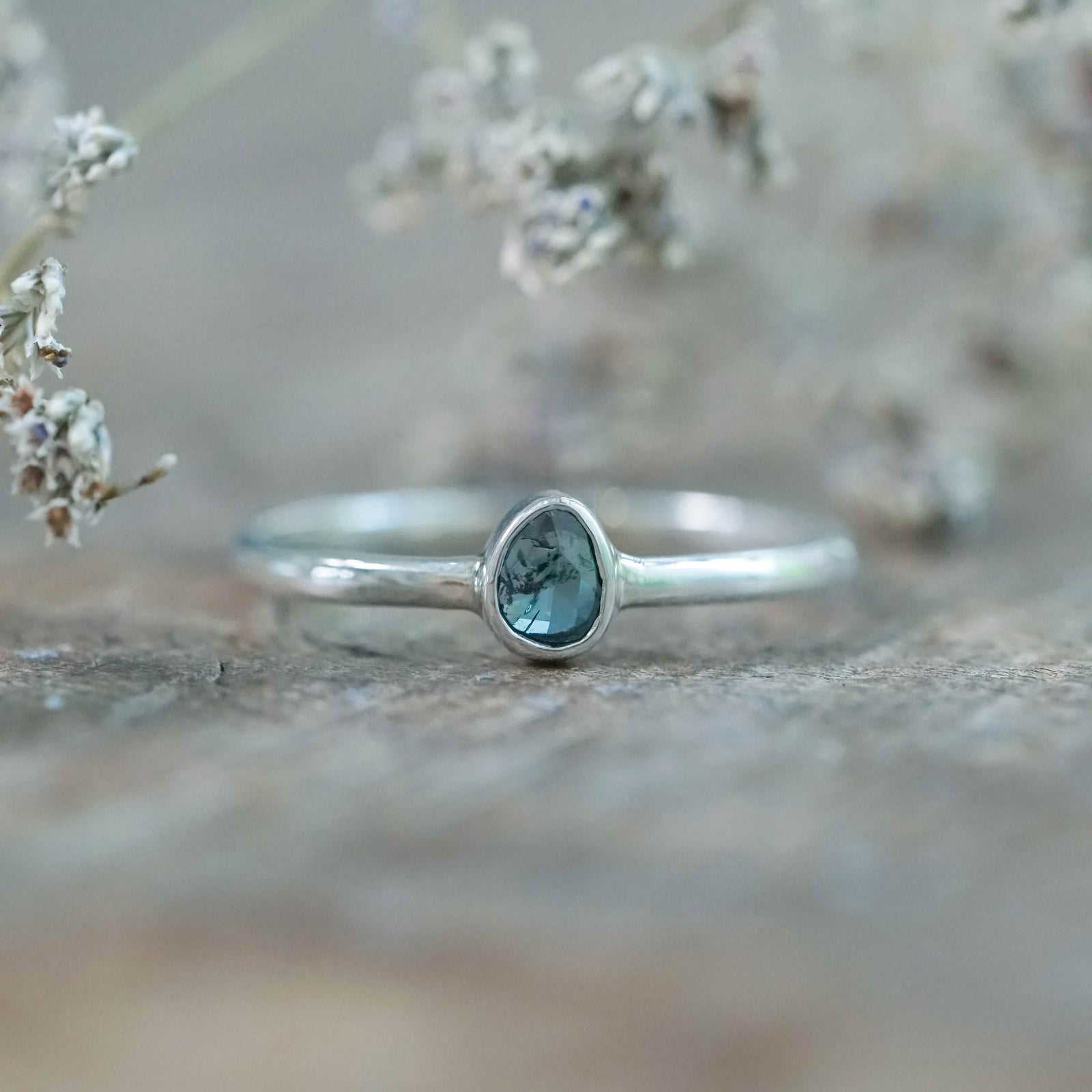 Rose Cut Blue Diamond Ring in Silver