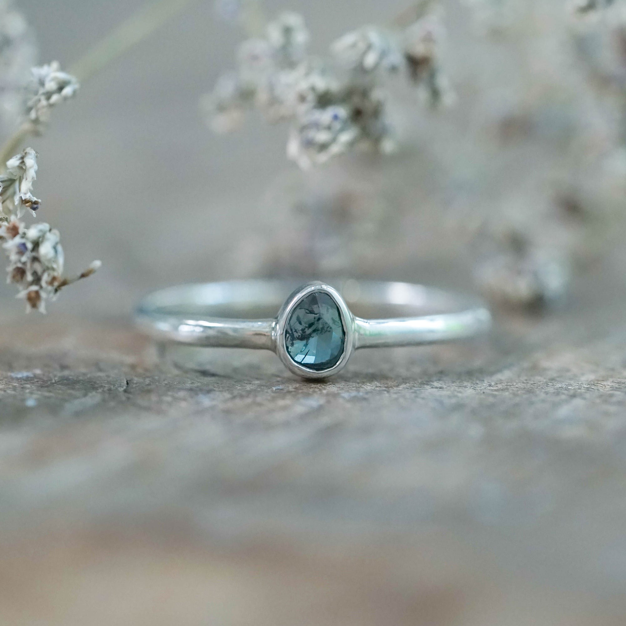 Rose Cut Blue Diamond Ring in Silver