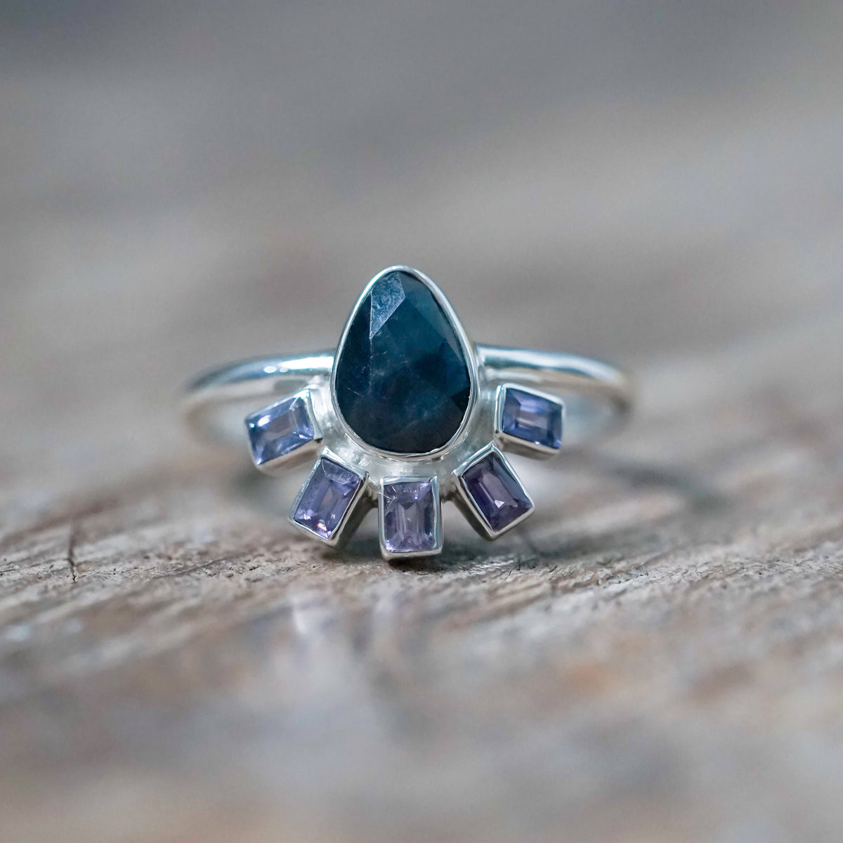 Rose Cut Pear and Purple Sapphire Ring - size 8.5