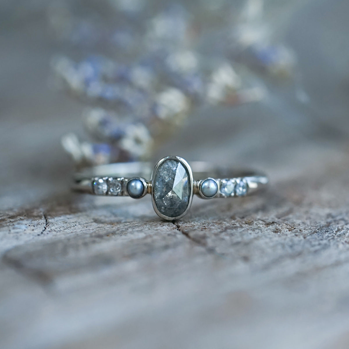 Salt and Pepper Diamond and Pearl Ring in White Gold - Ethical Jewelry | Gardens of the Sun