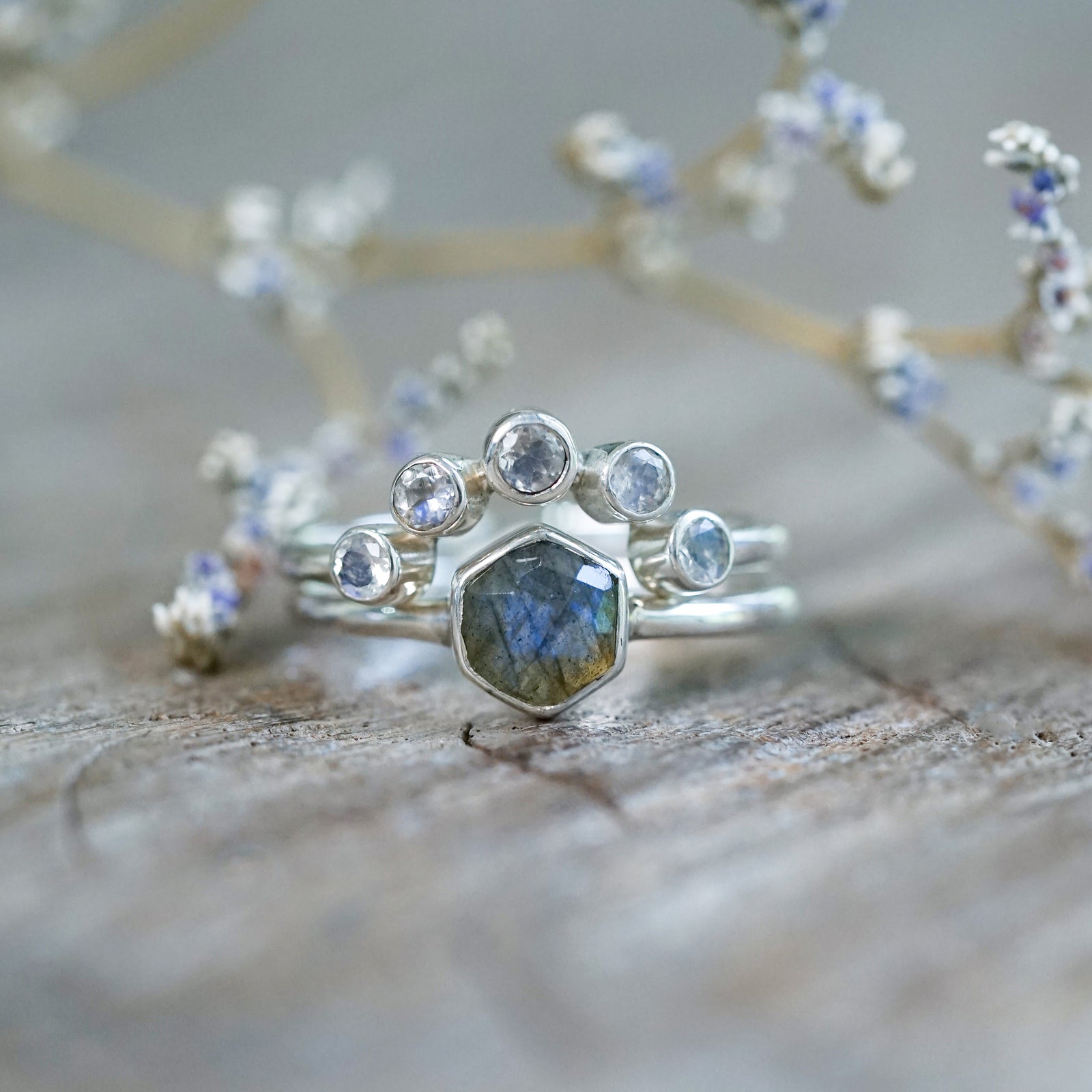 Hexagon Labradorite and Moonstone Ring Set