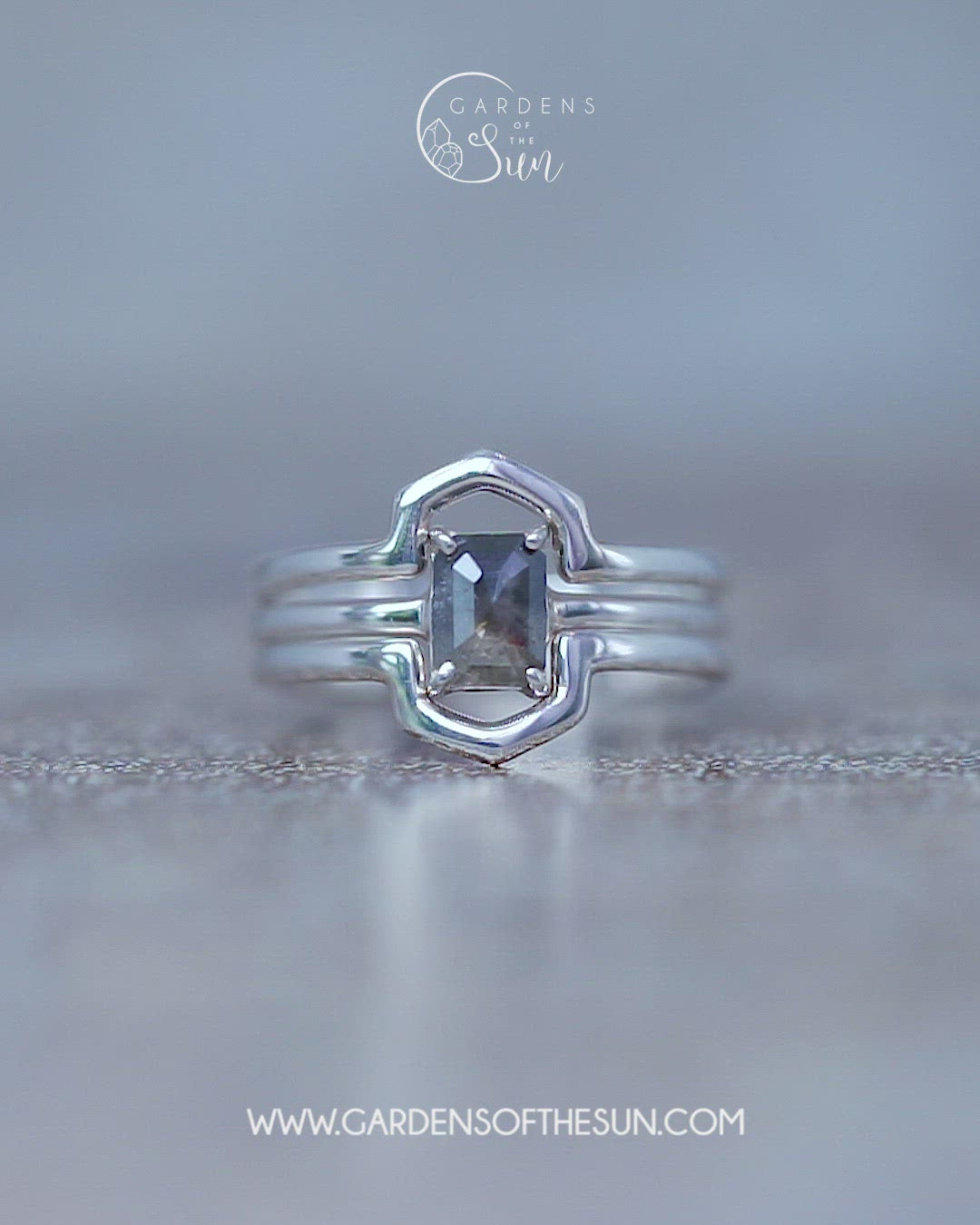 Rose Cut Oval Diamond Ring Set in Silver with Hexagon Bands - Gardens of the Sun | Ethical Jewelry