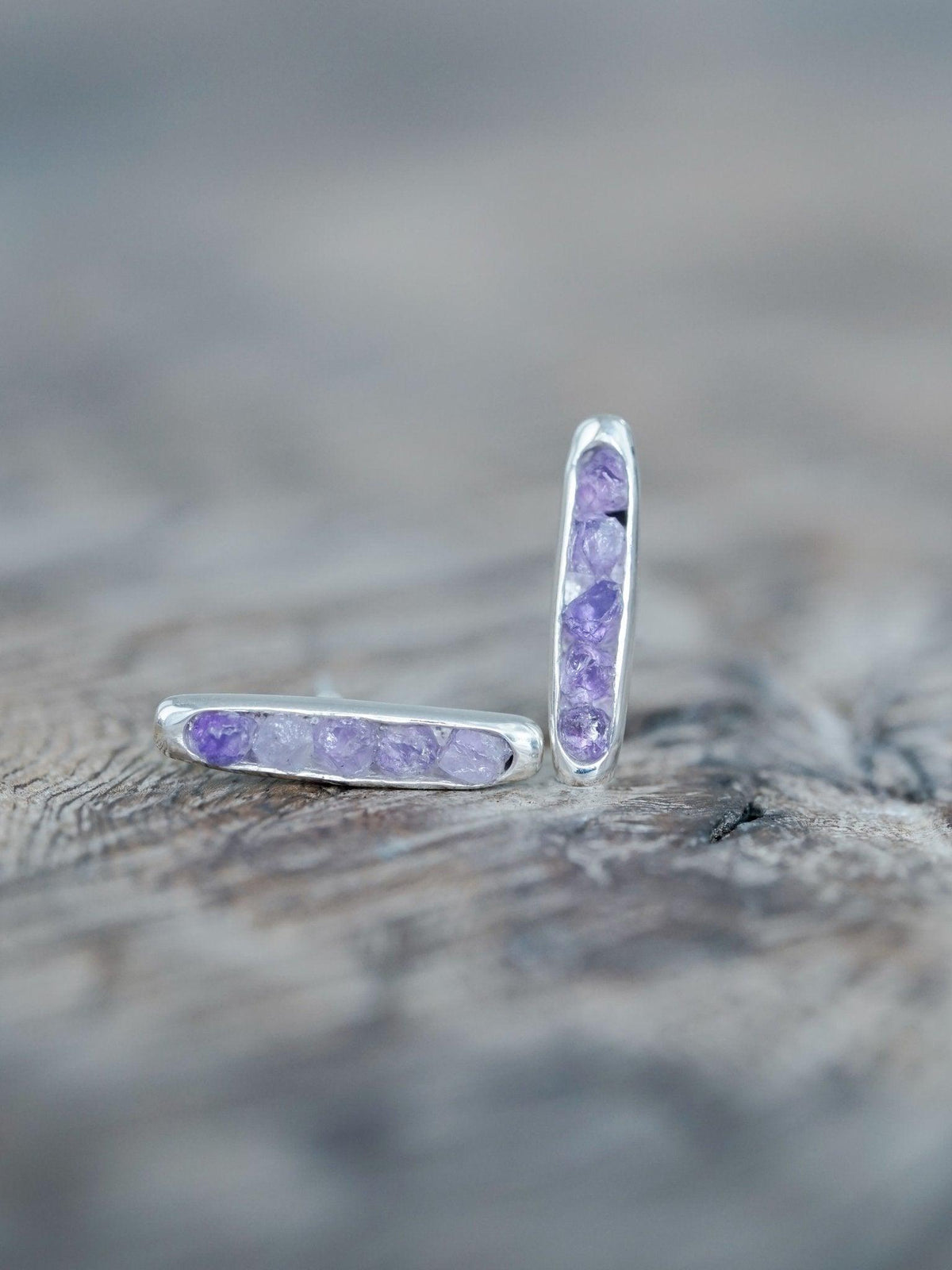 Amethyst Earrings with Hidden Gems in recycled sterling silver - Stud earrings