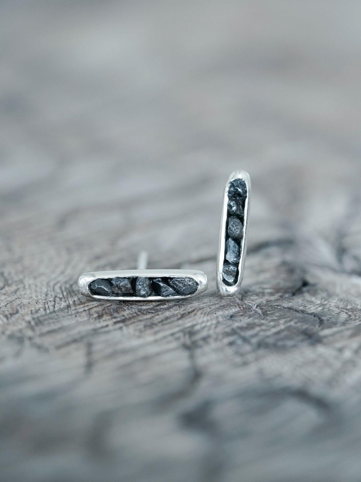 Black Hematite Earrings with Hidden Gems in recycled sterling silver - stud earrings