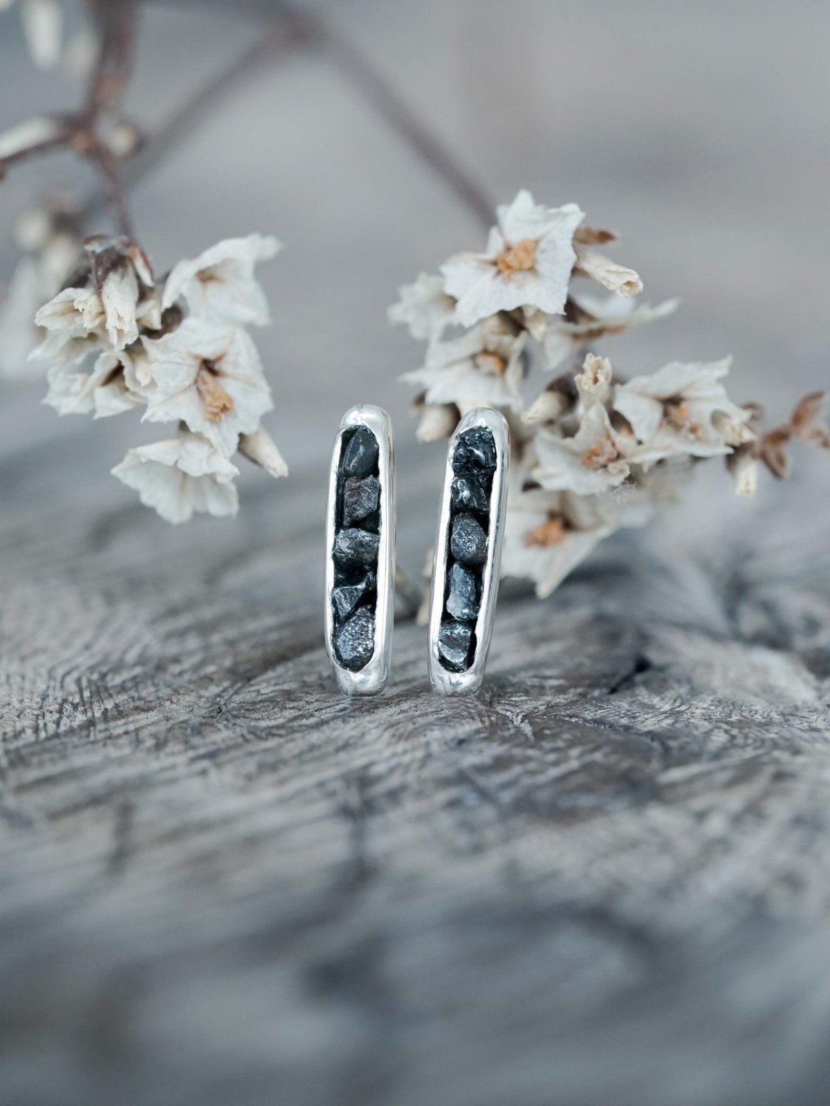 Black Hematite Earrings with Hidden Gems in recycled sterling silver