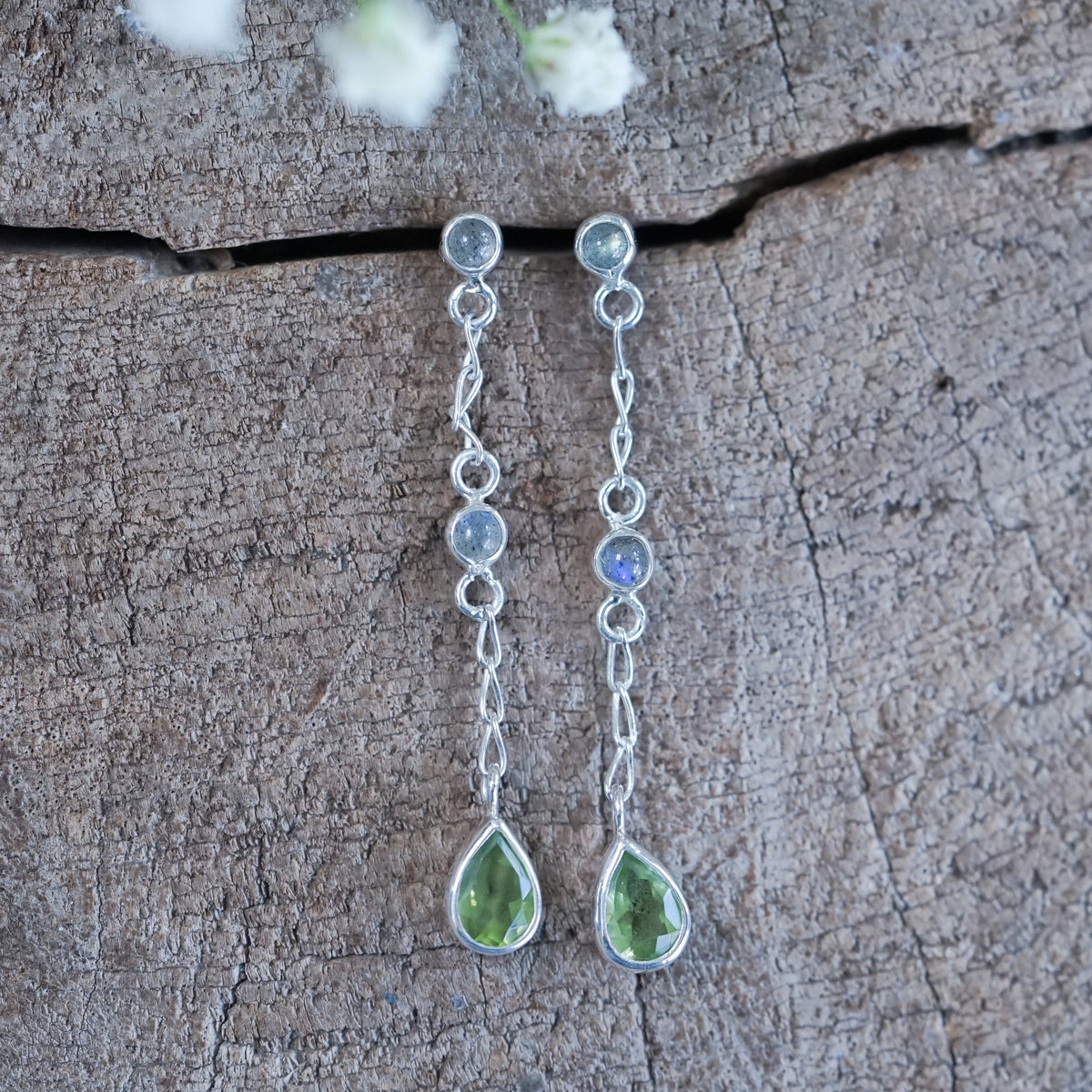 Peridot and Labradorite Dangling Earrings - Gardens of the Sun | Ethical Jewelry