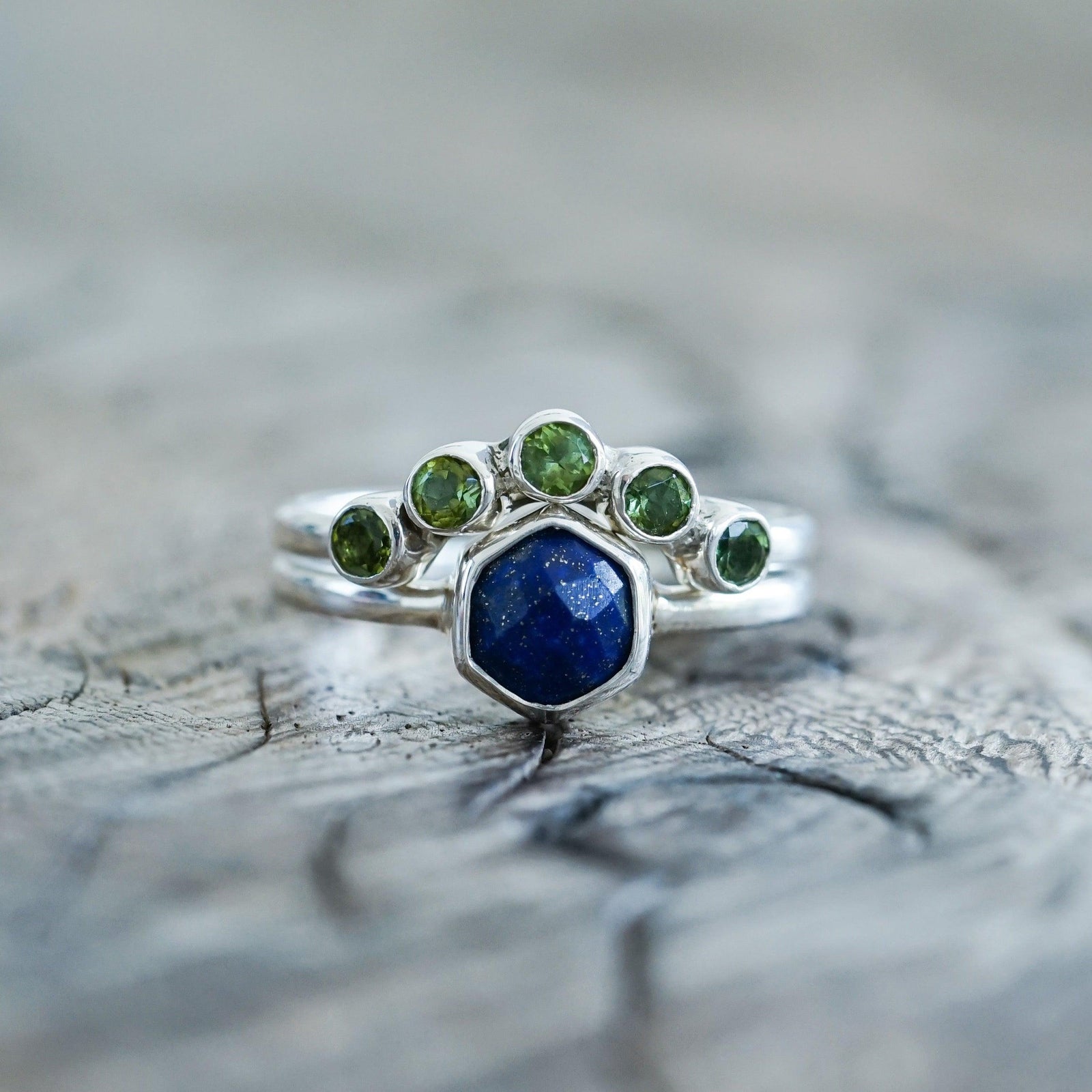 Hexagon Lapis Lazuli and Peridot Ring Set - Gardens of the Sun | Ethical Jewelry