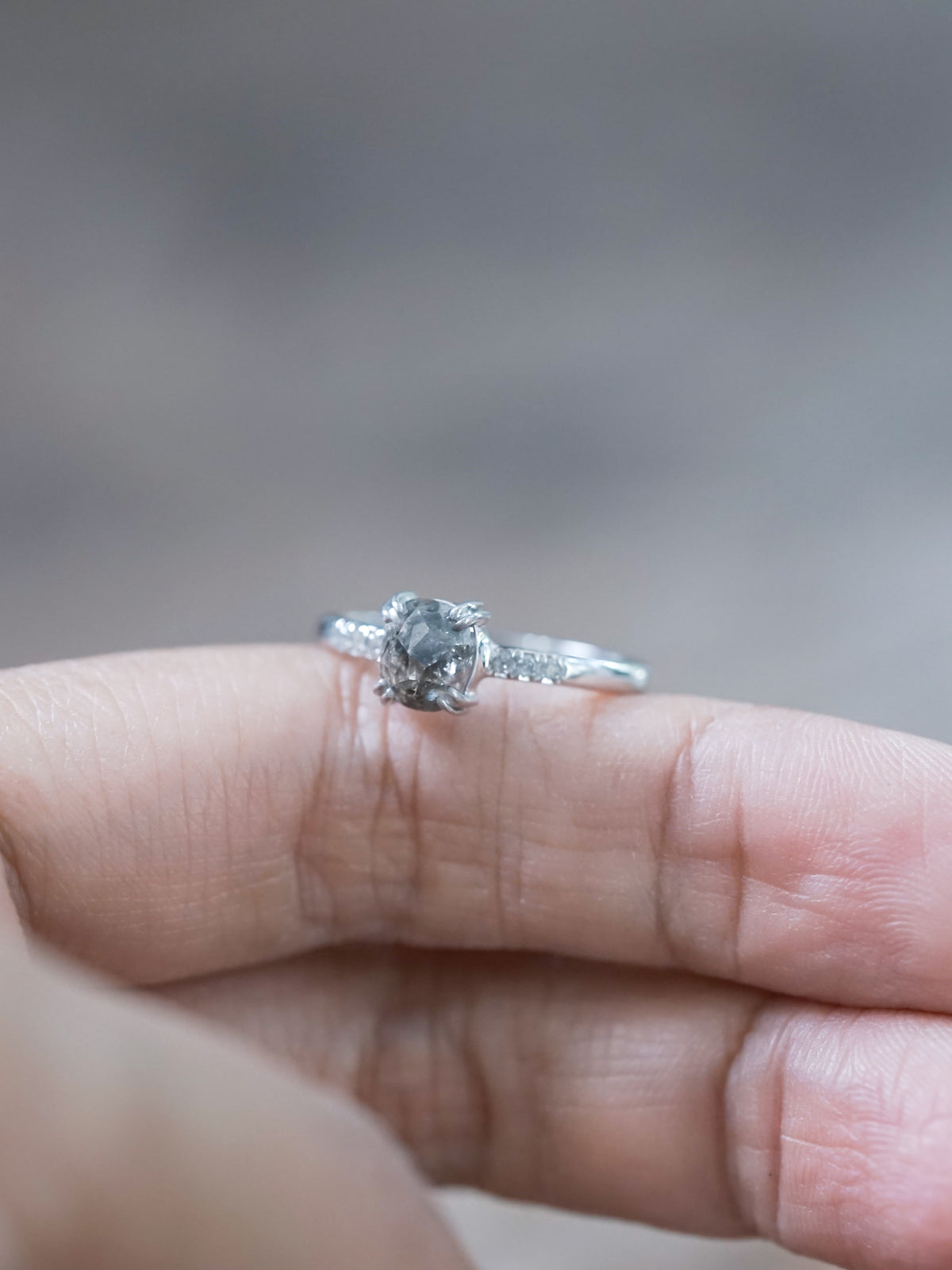 Cushion Cut Salt and Pepper Diamond Ring in White Gold - Gardens of the Sun | Ethical Jewelry