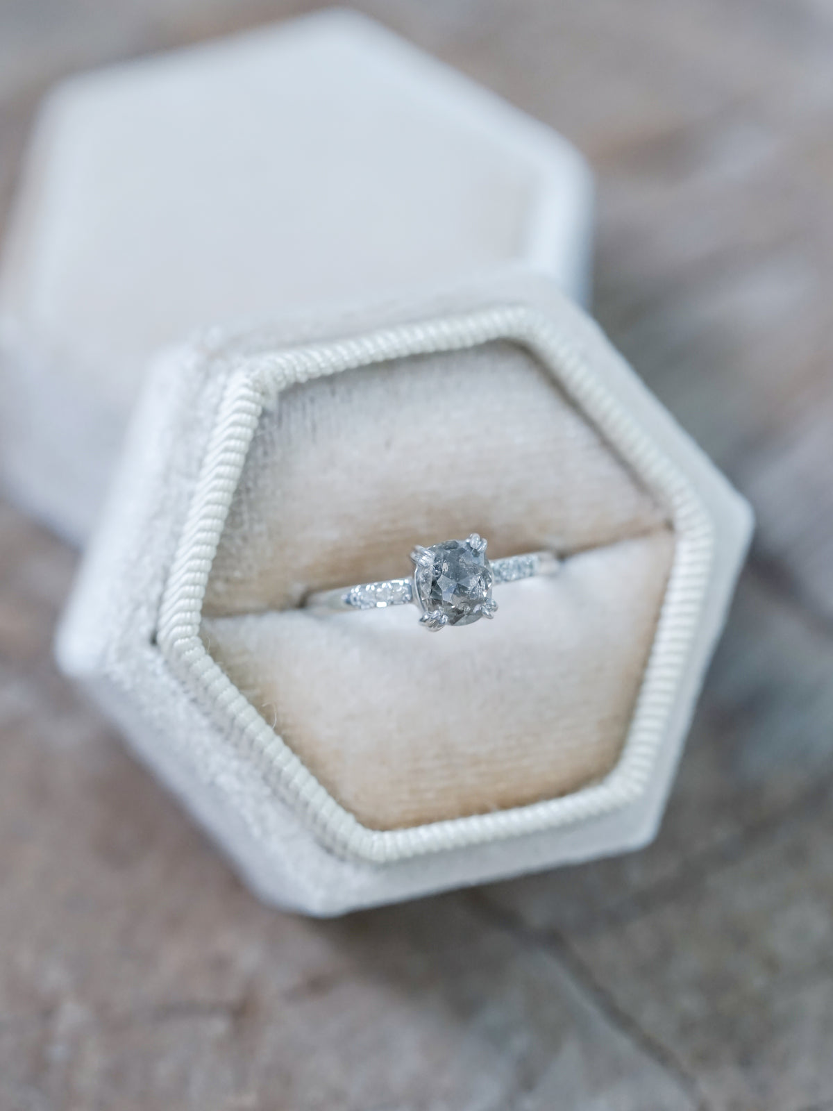 Cushion Cut Salt and Pepper Diamond Ring in White Gold - Gardens of the Sun | Ethical Jewelry