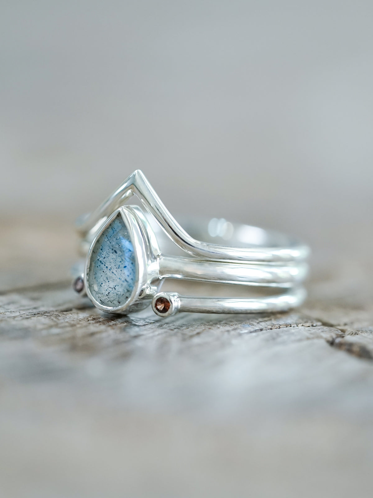 Garnet and Labradorite Triple Ring Set - Gardens of the Sun | Ethical Jewelry