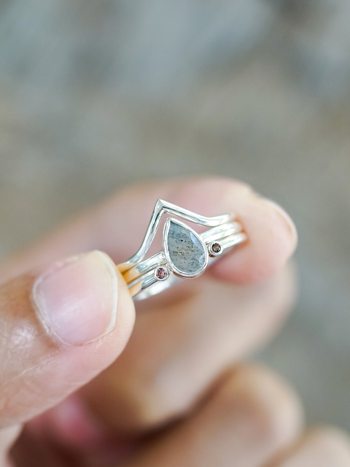 Garnet and Labradorite Triple Ring Set - Gardens of the Sun | Ethical Jewelry