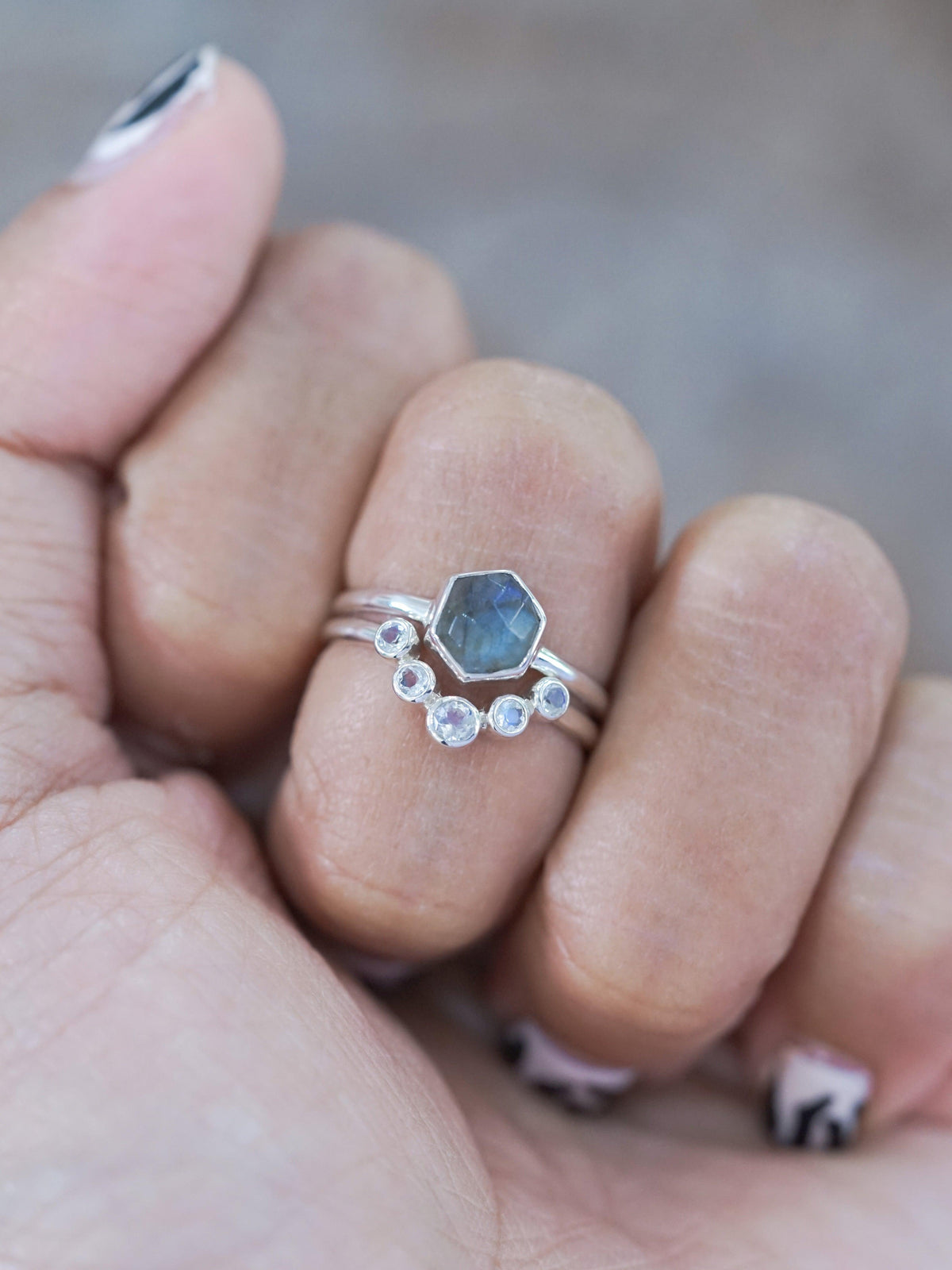 Hexagon Labradorite and Moonstone Ring Set - Gardens of the Sun | Ethical Jewelry