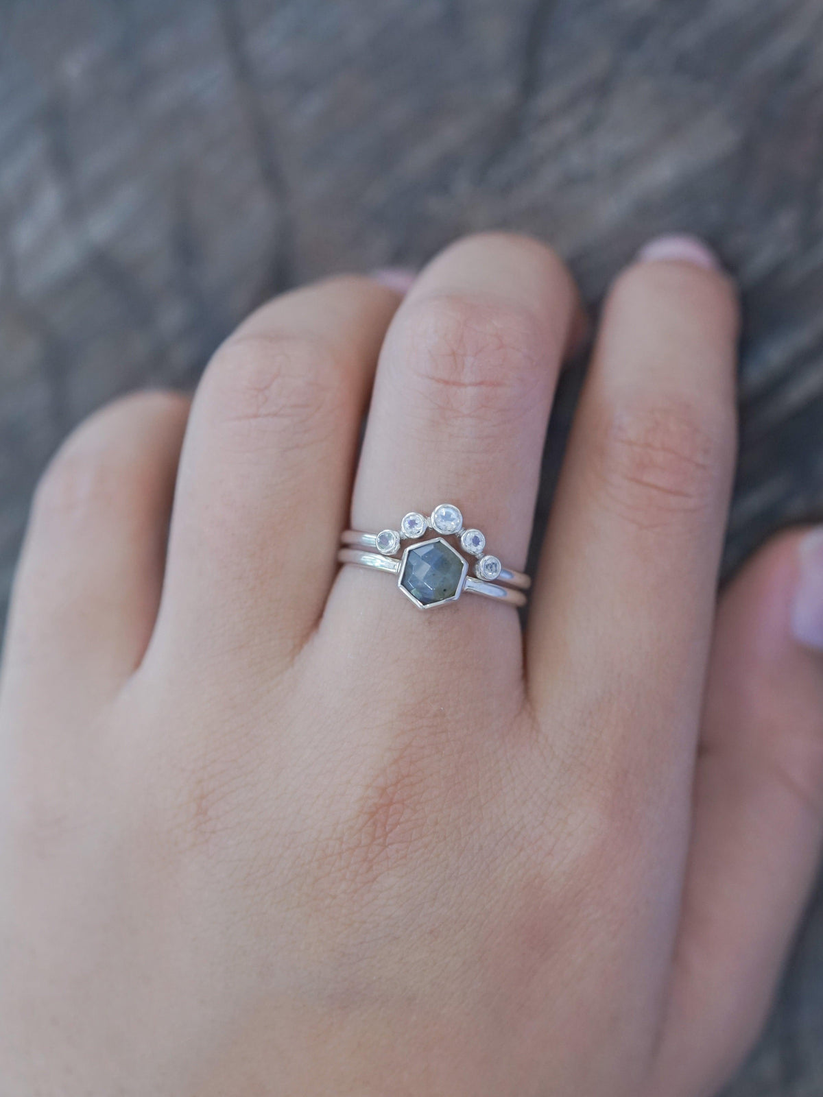 Hexagon Labradorite and Moonstone Ring Set - Gardens of the Sun | Ethical Jewelry