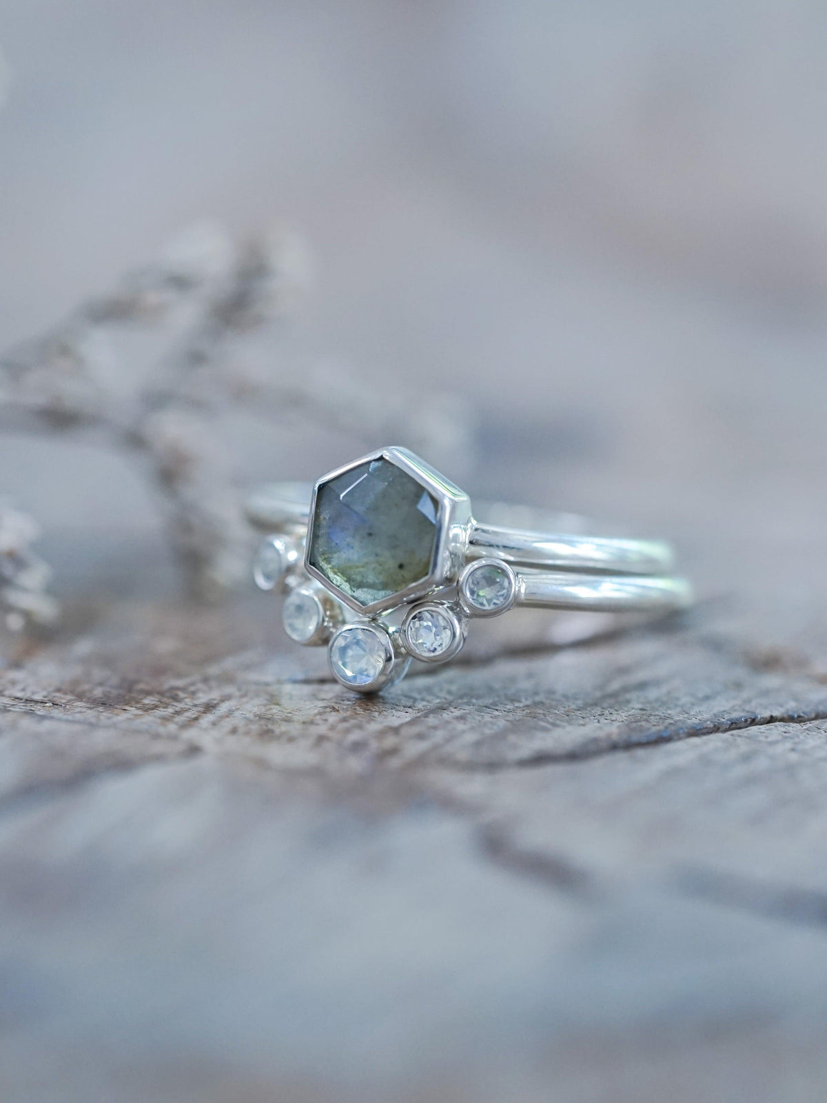 Hexagon Labradorite and Moonstone Ring Set - Gardens of the Sun | Ethical Jewelry