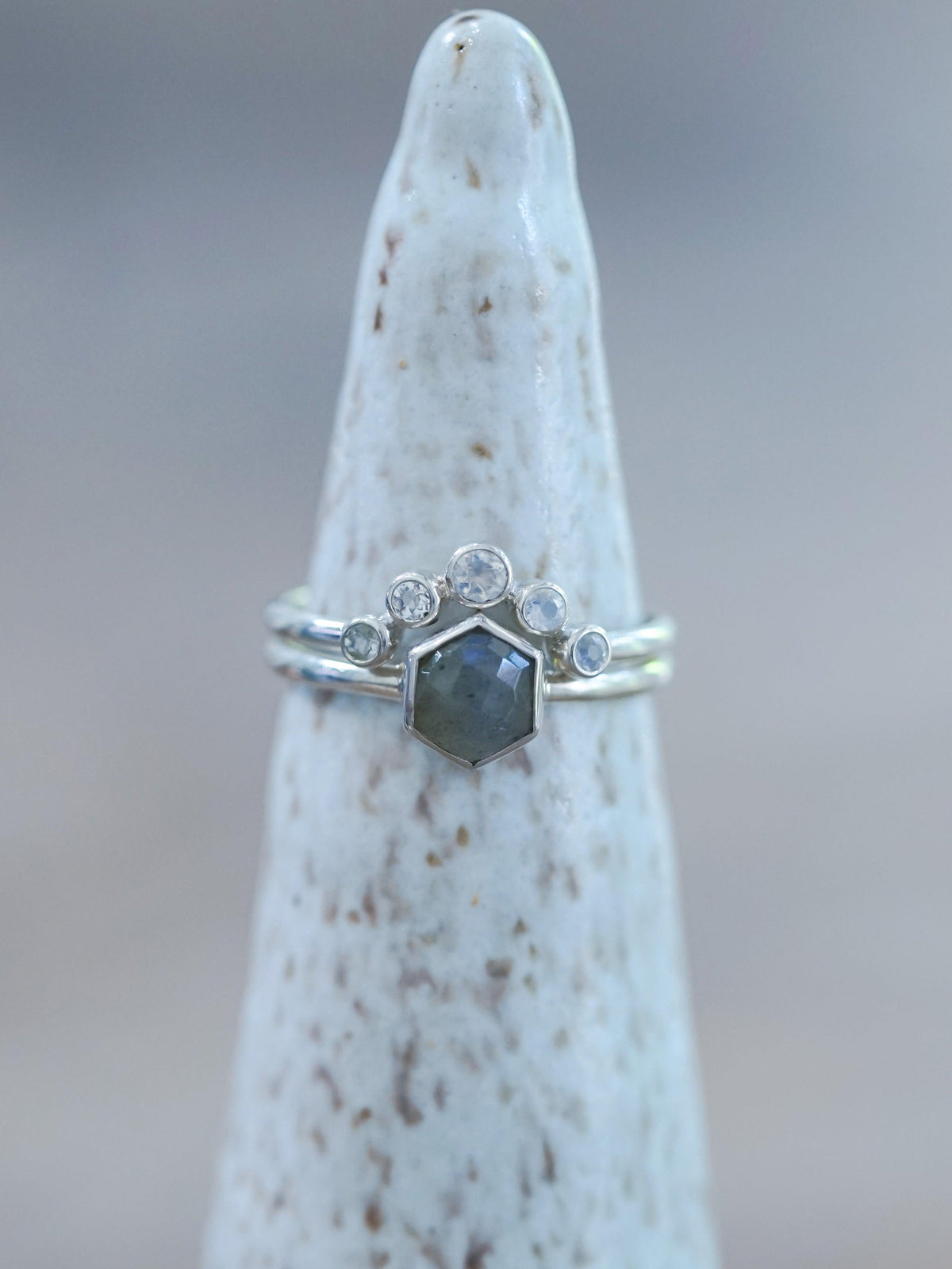 Hexagon Labradorite and Moonstone Ring Set - Gardens of the Sun | Ethical Jewelry