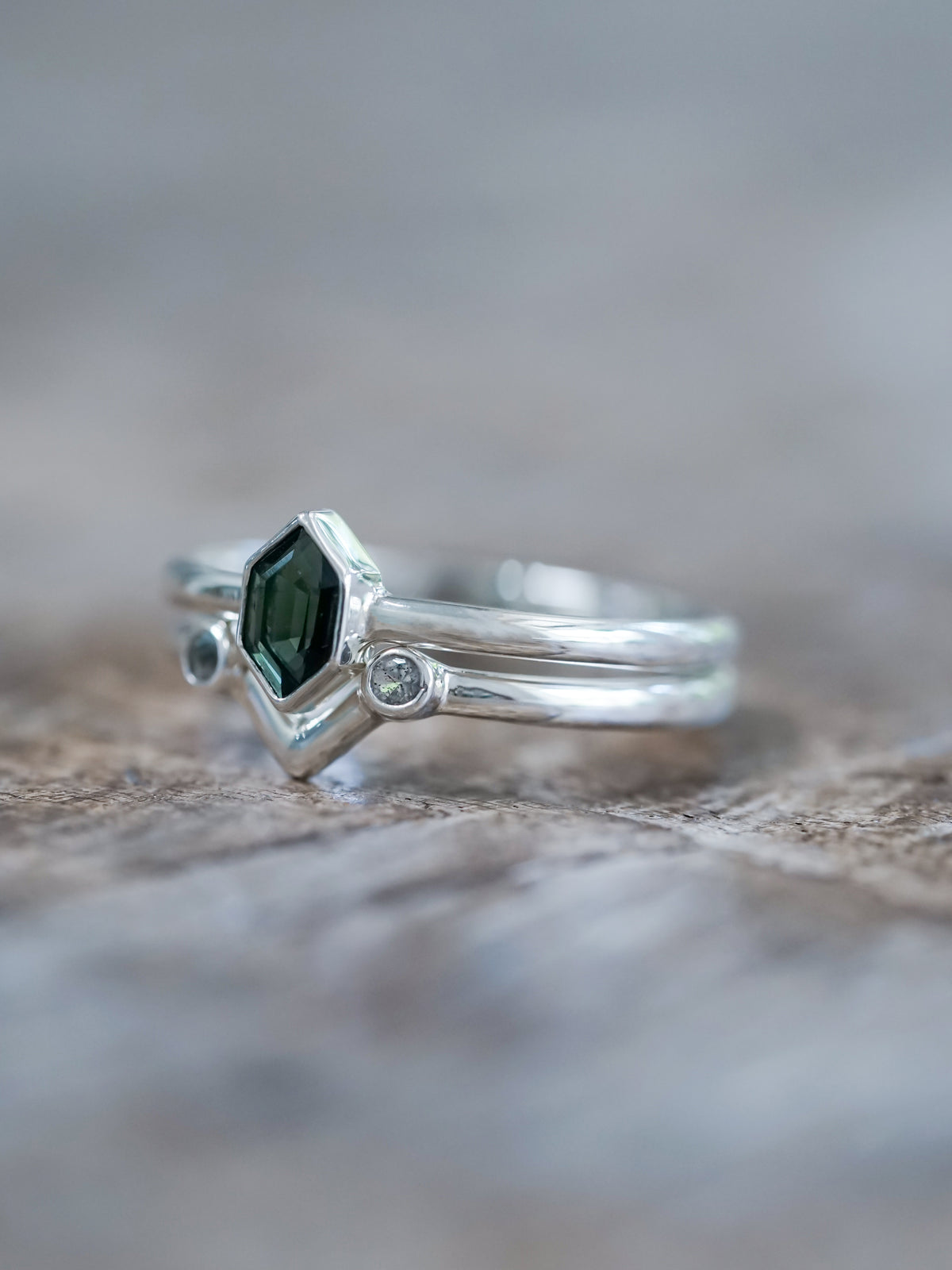Hexagon Tourmaline and Labradorite Ring Set - Gardens of the Sun | Ethical Jewelry