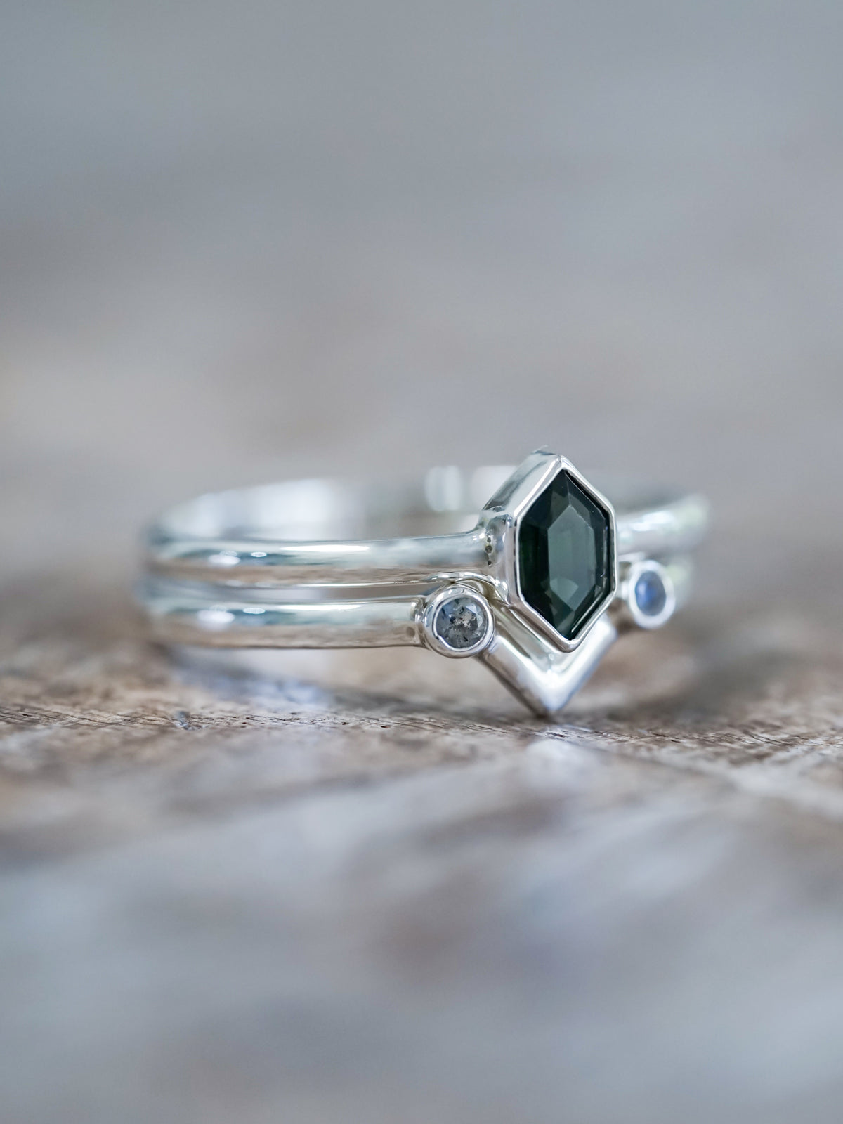 Hexagon Tourmaline and Labradorite Ring Set - Gardens of the Sun | Ethical Jewelry