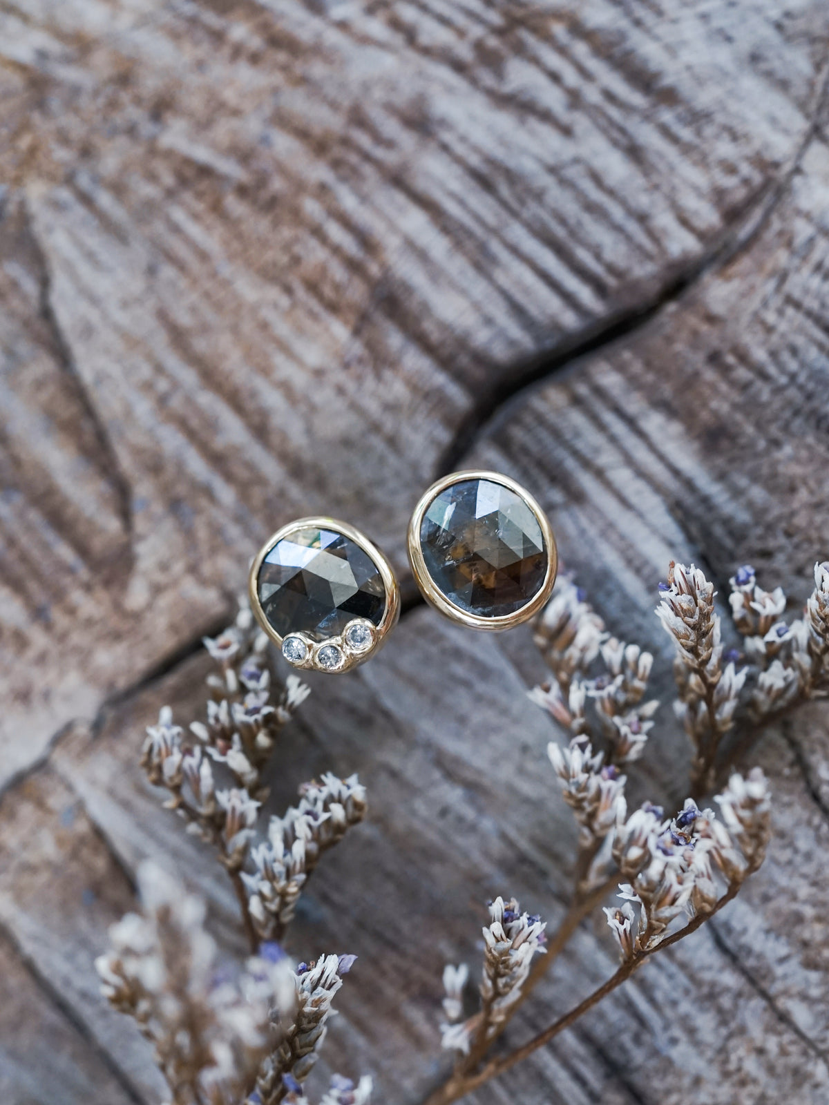 Oval Rustic Diamond Earrings in Gold - Gardens of the Sun | Ethical Jewelry