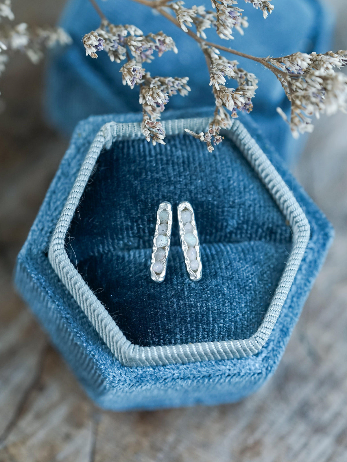 Raw Opal Stud Earrings with Hidden Gems in recycled sterling silver