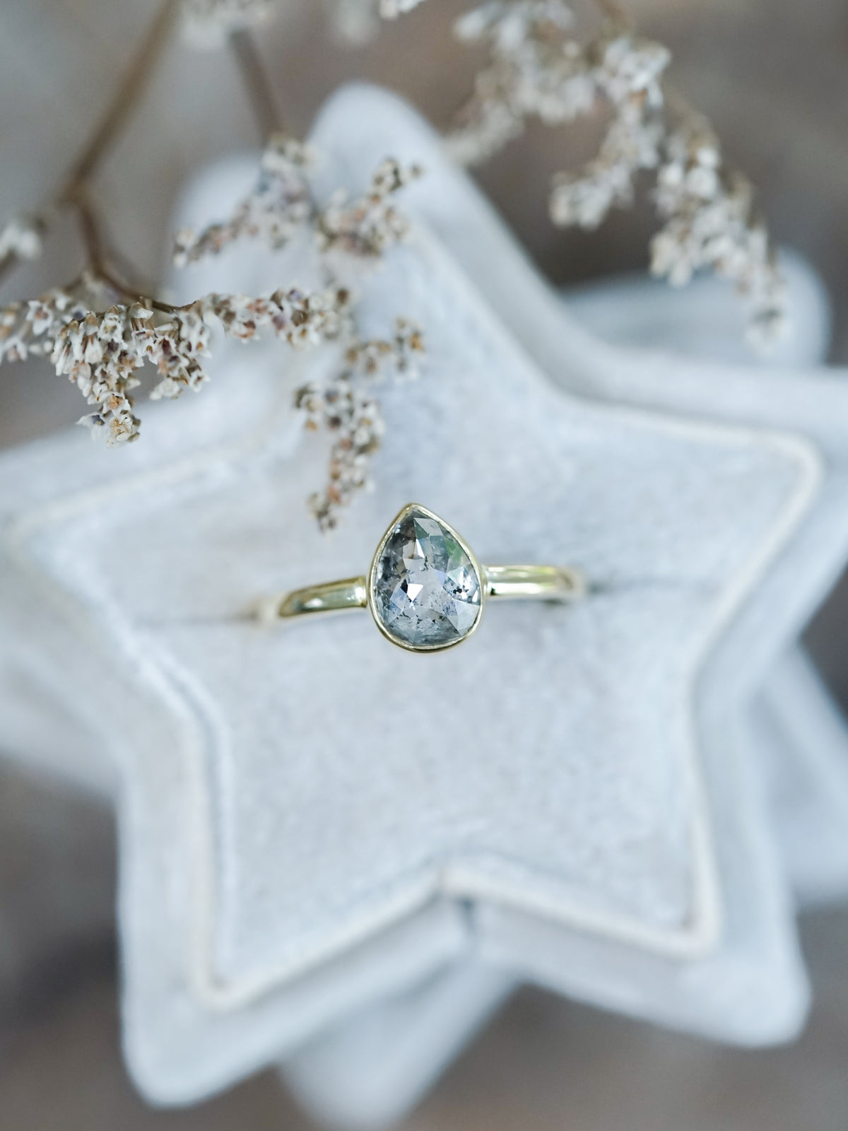 Rose Cut Salt and Pepper Pear Diamond Ring in Ethical Gold - Gardens of the Sun | Ethical Jewelry