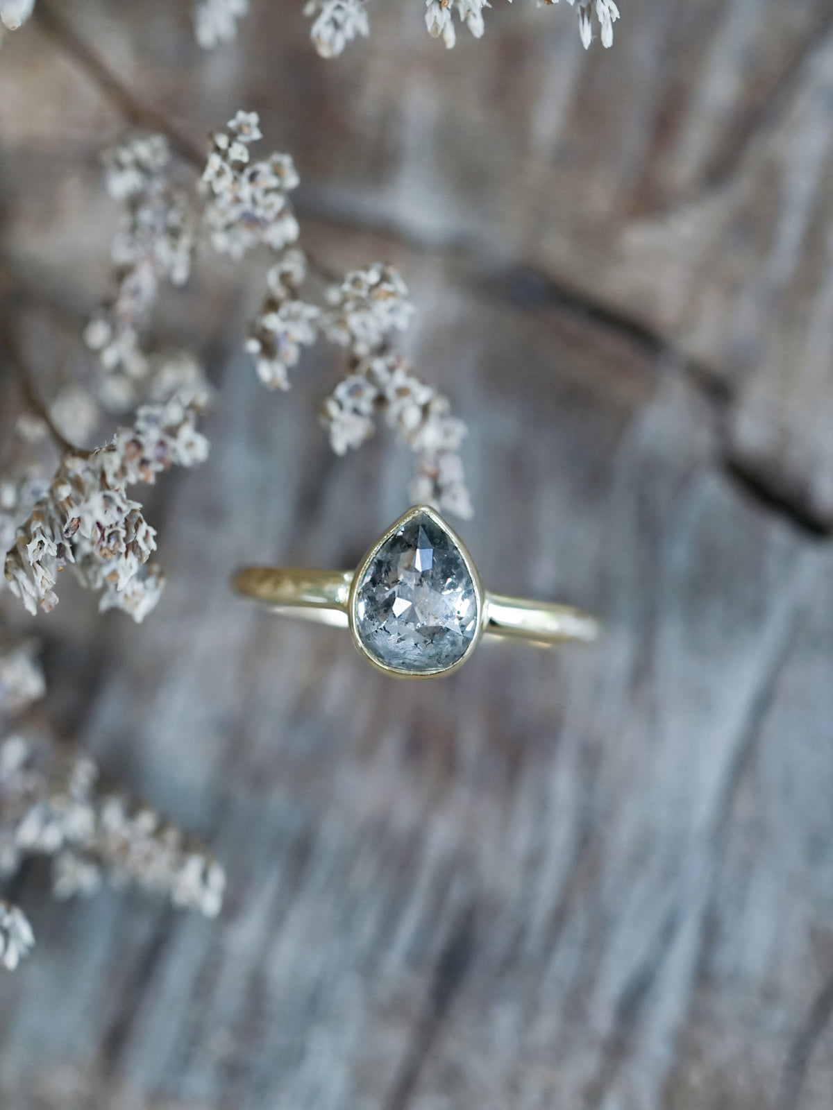Rose Cut Salt and Pepper Pear Diamond Ring in Ethical Gold - Gardens of the Sun | Ethical Jewelry