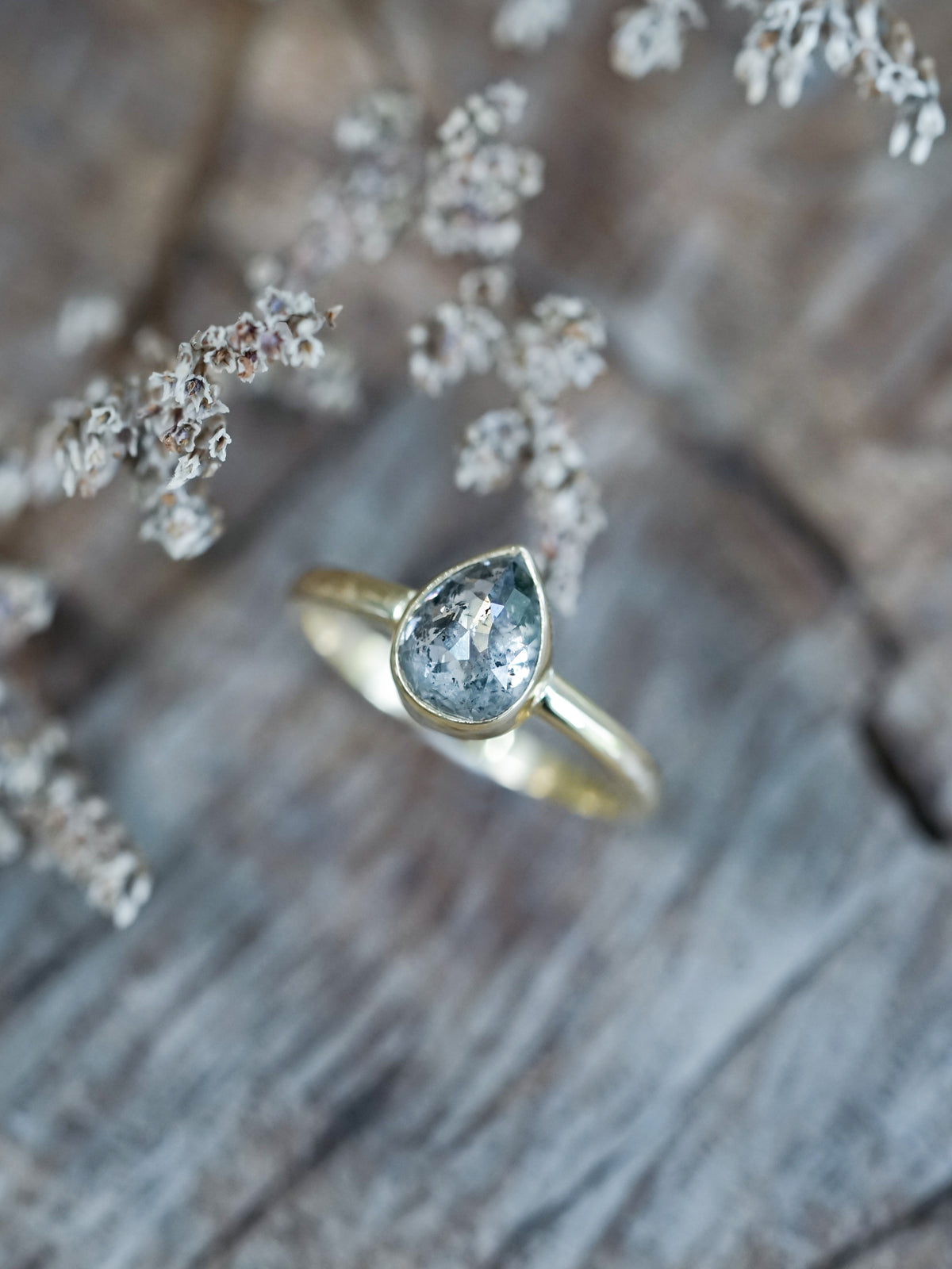 Rose Cut Salt and Pepper Pear Diamond Ring in Ethical Gold - Gardens of the Sun | Ethical Jewelry