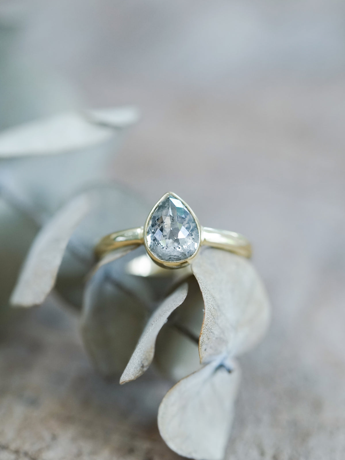 Rose Cut Salt and Pepper Pear Diamond Ring in Ethical Gold - Gardens of the Sun | Ethical Jewelry