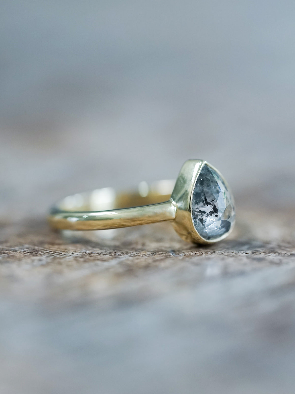 Rose Cut Salt and Pepper Pear Diamond Ring in Ethical Gold - Gardens of the Sun | Ethical Jewelry