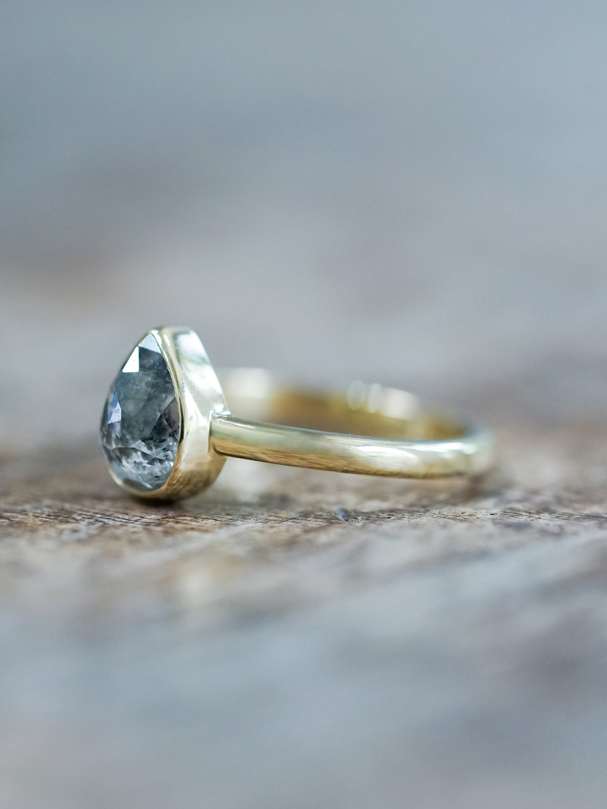 Rose Cut Salt and Pepper Pear Diamond Ring in Ethical Gold - Gardens of the Sun | Ethical Jewelry
