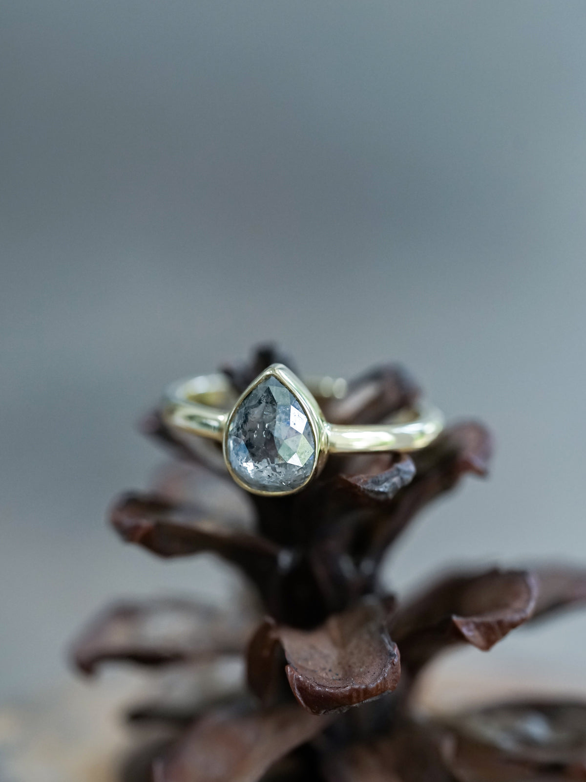 Rose Cut Salt and Pepper Pear Diamond Ring in Ethical Gold - Gardens of the Sun | Ethical Jewelry