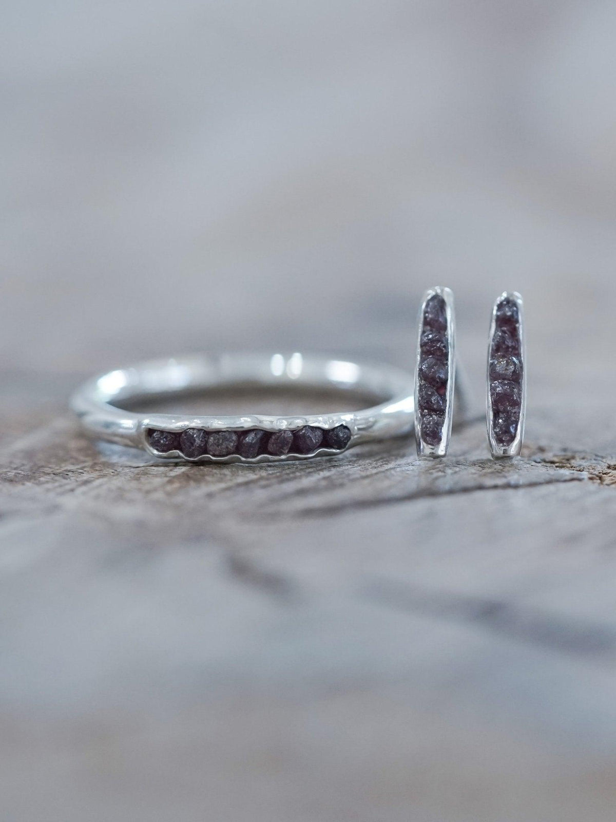 Rough Garnet Earrings and Ring with Hidden Gems in recycled sterling silver