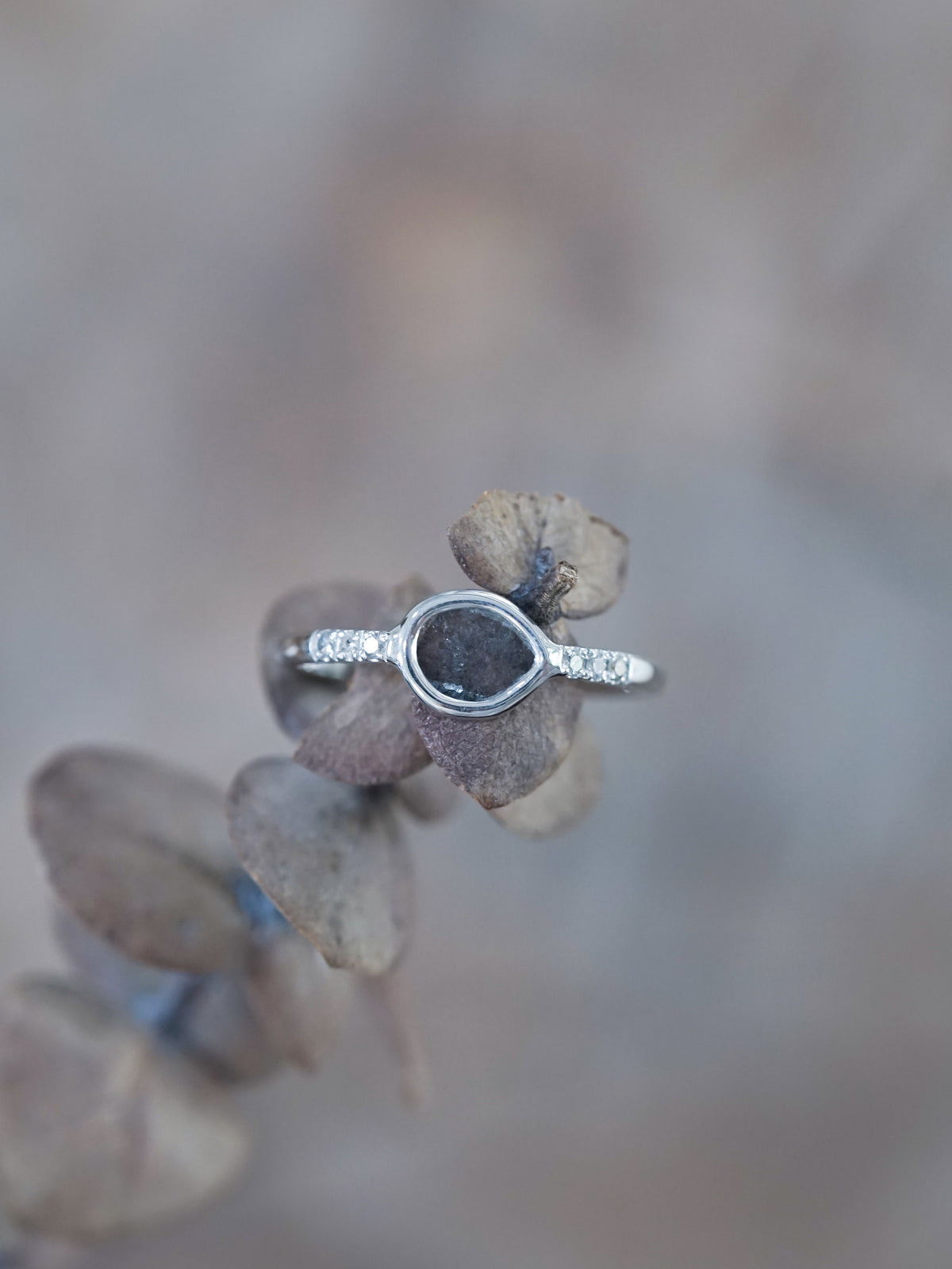 Salt and Pepper Diamond Slice Ring in White Gold - Gardens of the Sun | Ethical Jewelry