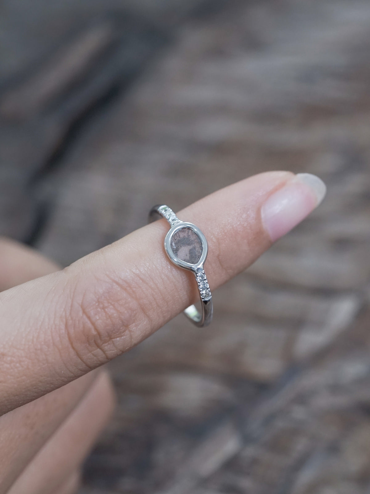 Salt and Pepper Diamond Slice Ring in White Gold - Gardens of the Sun | Ethical Jewelry