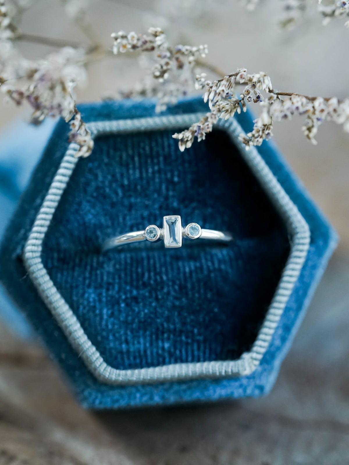 Three Stone Aquamarine Ring - Gardens of the Sun | Ethical Jewelry