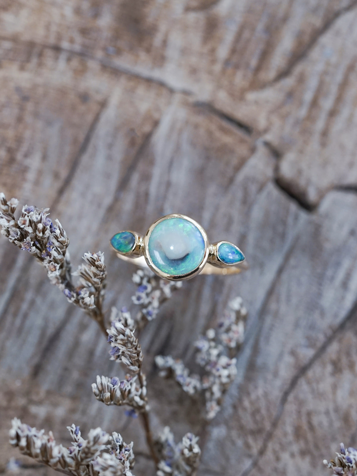 Three Stone Opal Ring in Ethical Gold - Gardens of the Sun | Ethical Jewelry